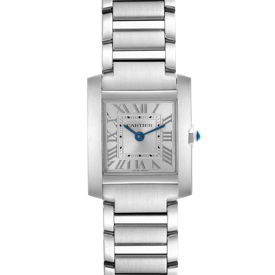 The Cartier Tank Francaise watch is shown from a front angle, displaying its square face and metal bracelet.