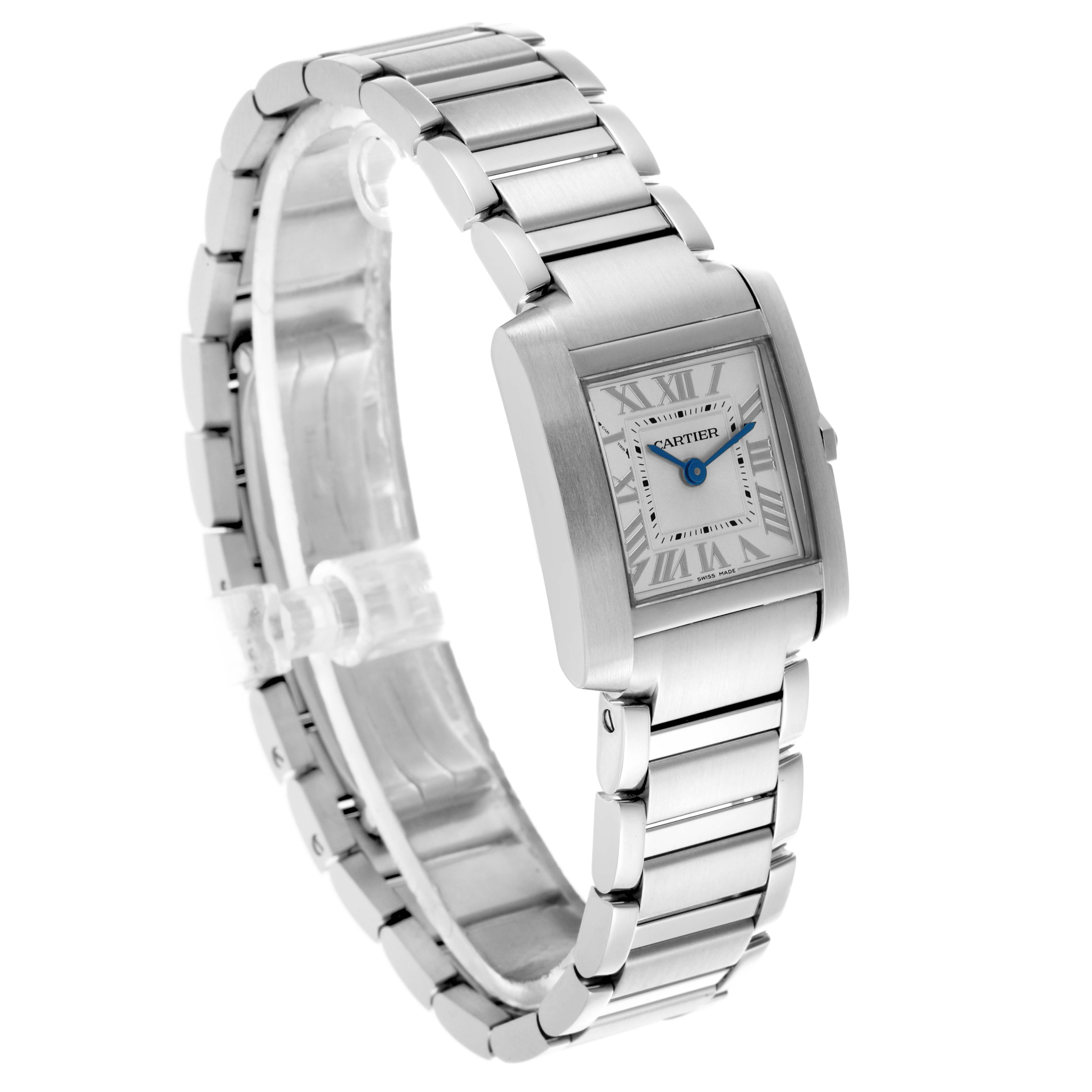 The Cartier Tank Française watch is shown at a three-quarter angle, highlighting the face, case, and metal bracelet.