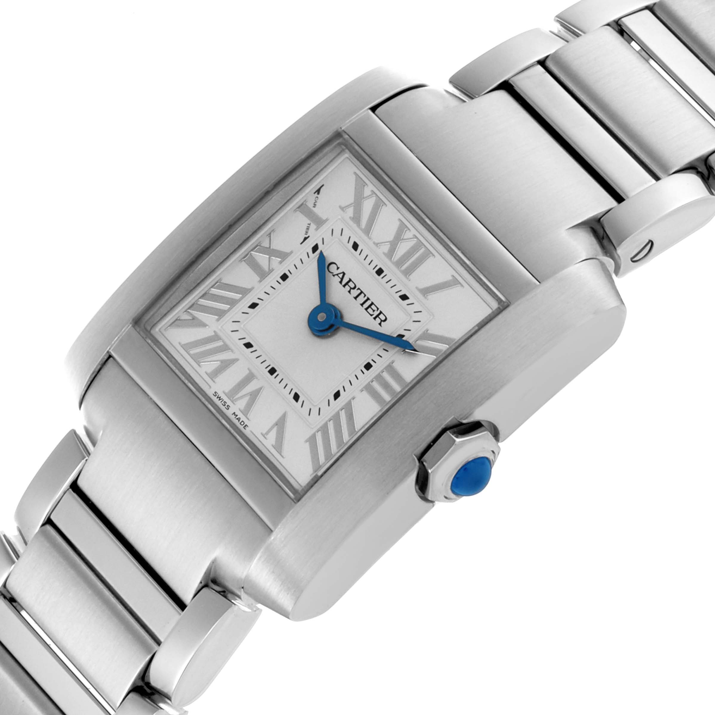 The Cartier Tank Francaise WSTA0065 Women's Stainless Steel Silver Dial WSTA0065 Women's Stainless Steel Silver Dial watch is shown at an angle highlighting the face, crown, and part of the bracelet.