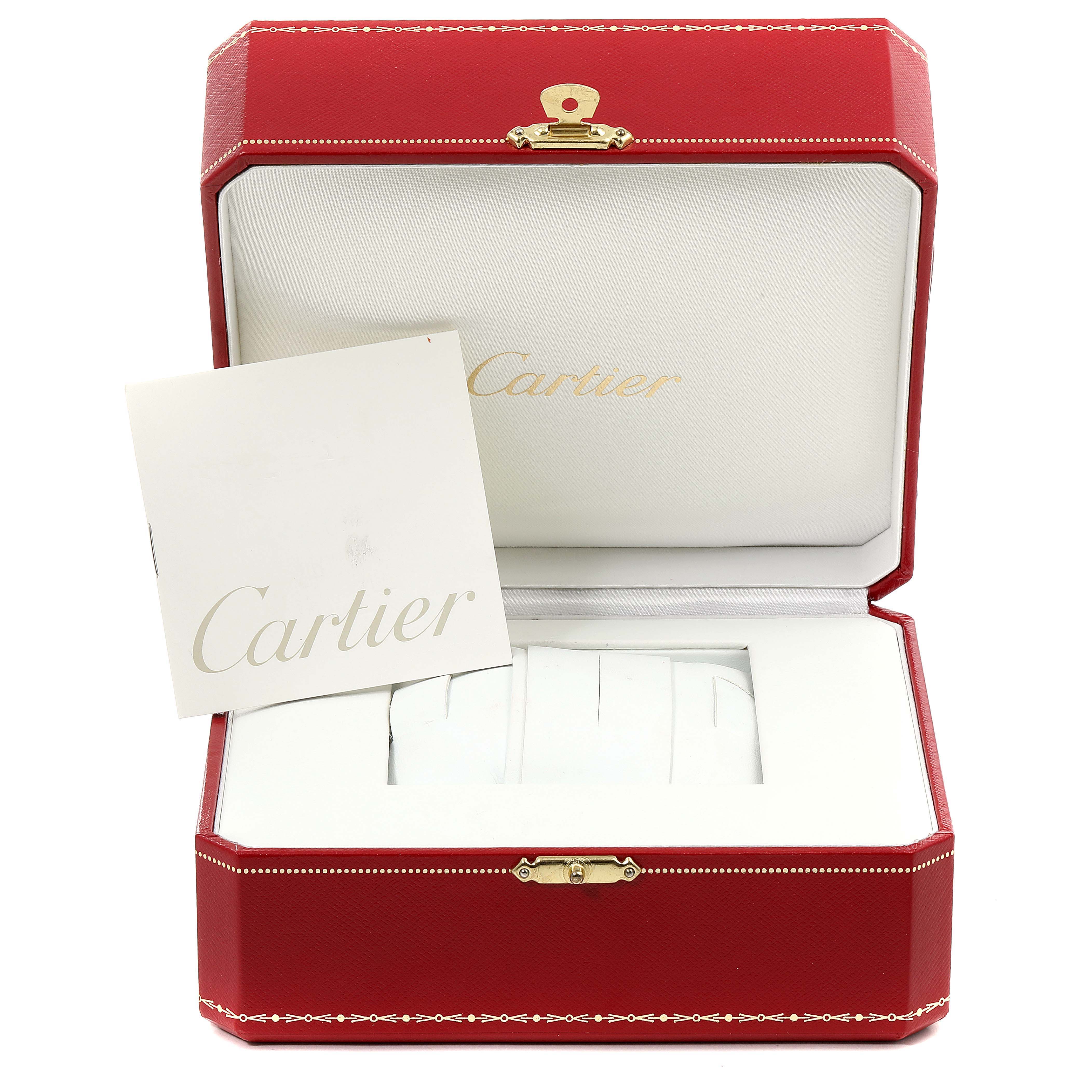 The image shows an open Cartier Tank Francaise W51005Q4 Men's Steel and Gold (two tone) Silver Dial W51005Q4 Men's Steel and Gold (two tone) Silver Dial watch box with a Cartier booklet inside.
