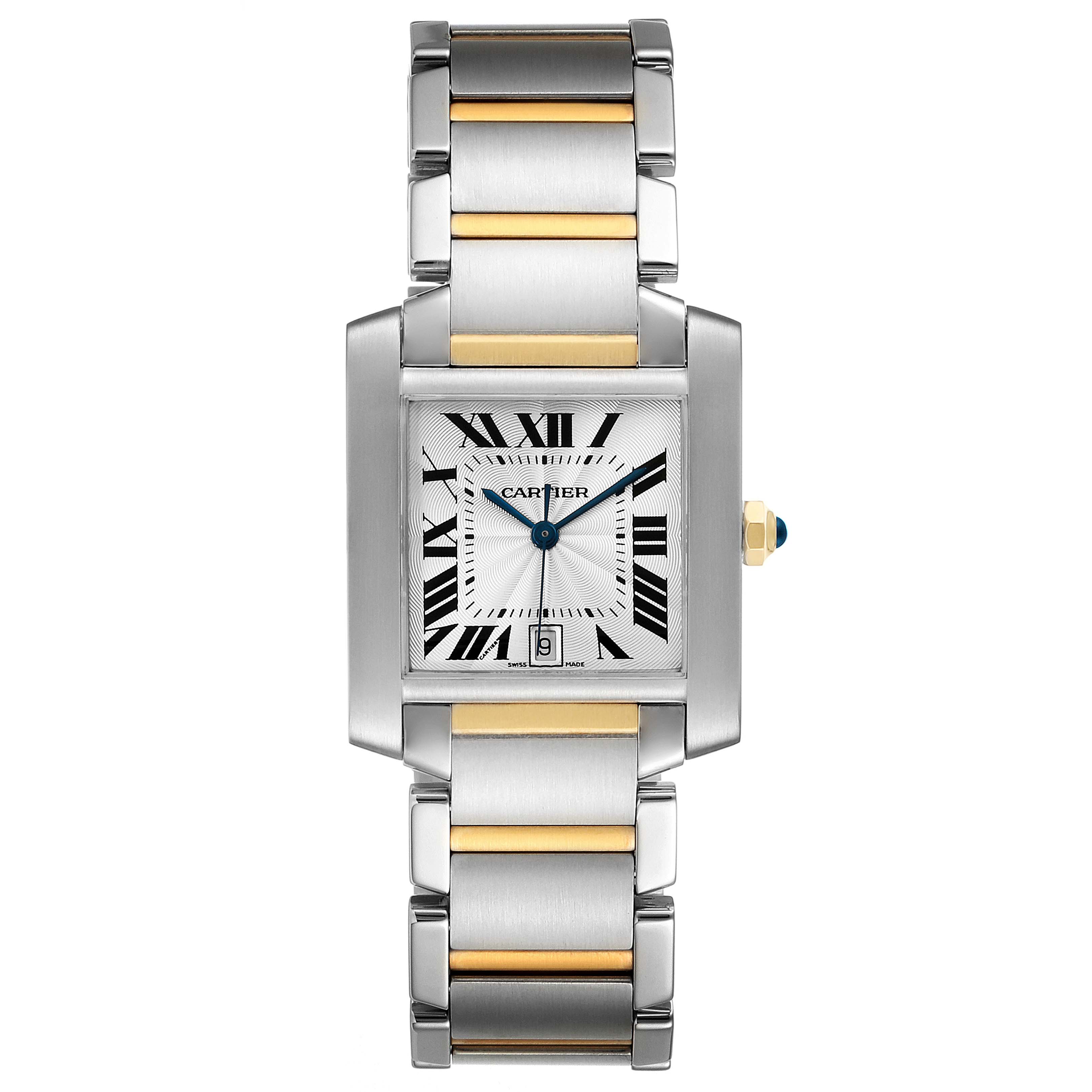 The image shows a front view of a Cartier Tank Francaise W51005Q4 Men's Steel and Gold (two tone) Silver Dial W51005Q4 Men's Steel and Gold (two tone) Silver Dial watch, featuring its face, band, and crown.