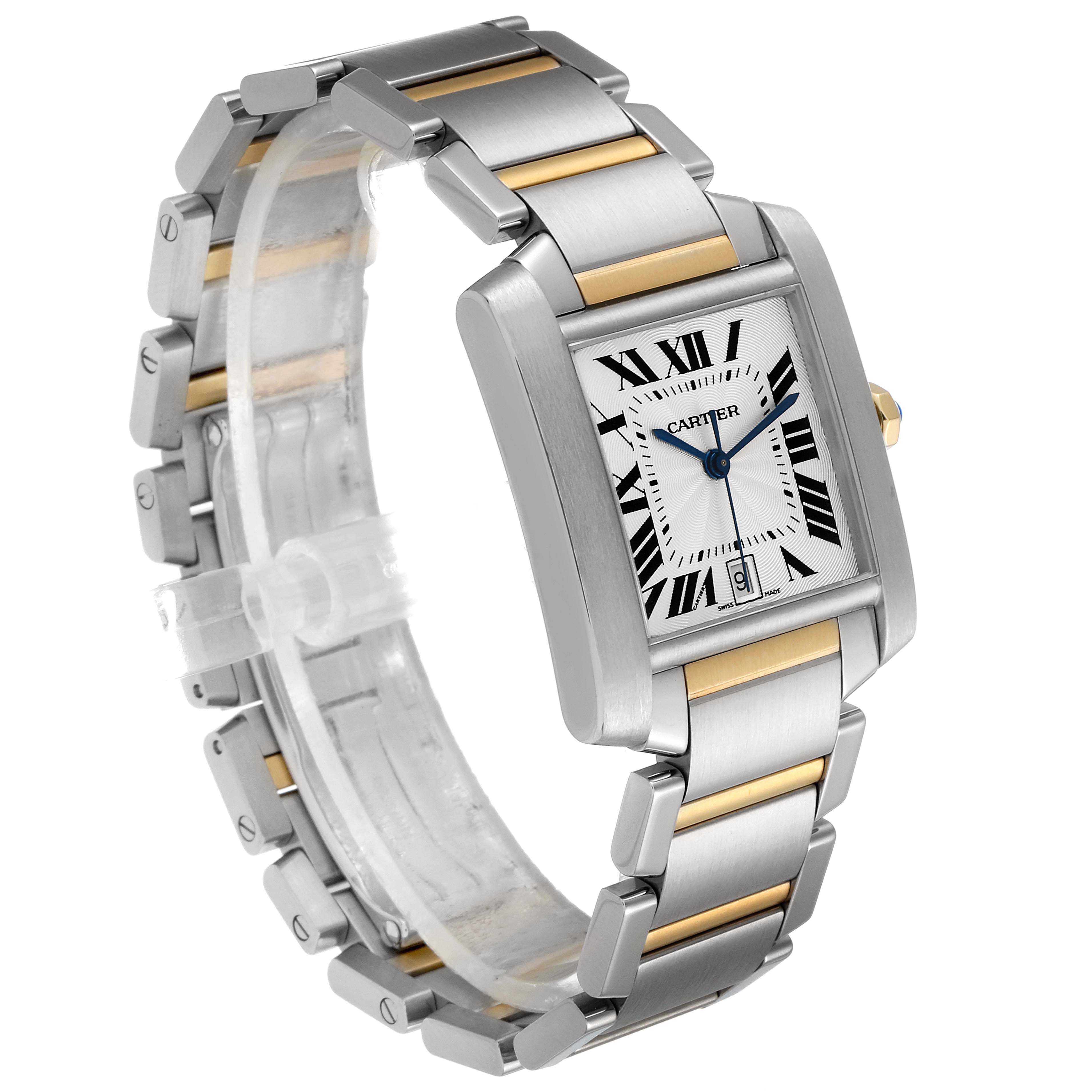 The Tank Francaise by Cartier is shown at a three-quarter angle, highlighting the face, bezel, and bracelet with gold accents.