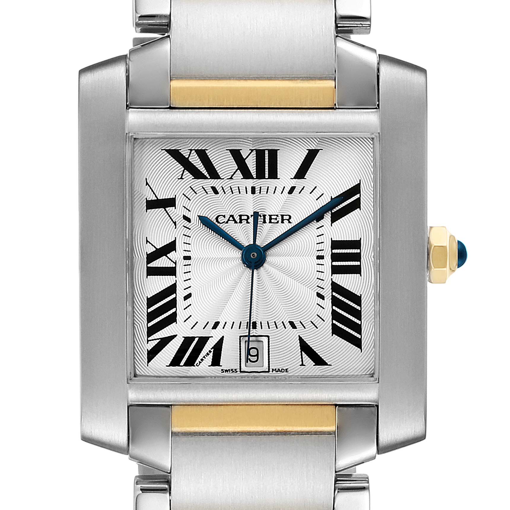 The image shows a front view of the Cartier Tank Française watch, highlighting the face, hands, bezel, and part of the bracelet.