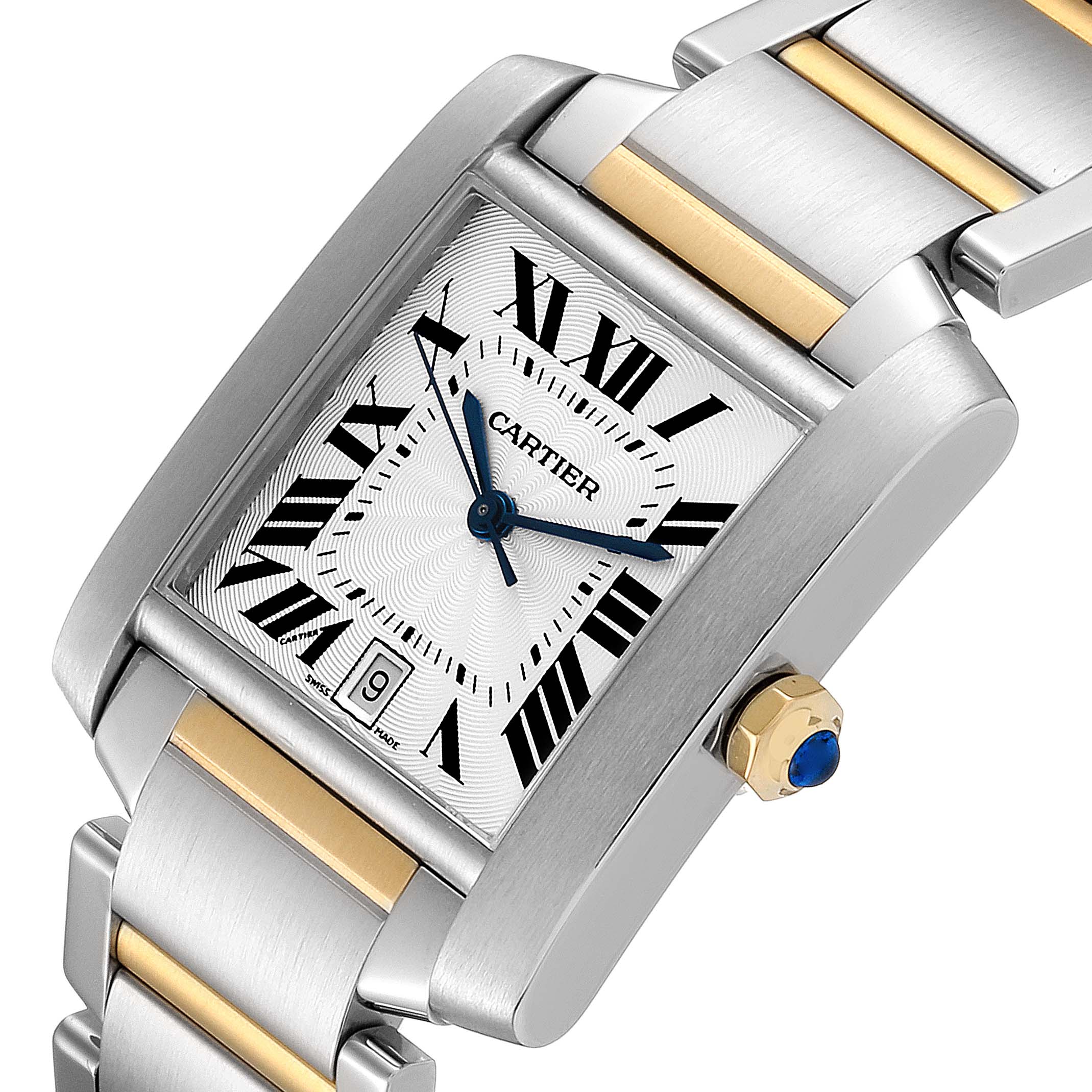 The image shows a Cartier Tank Francaise W51005Q4 Men's Steel and Gold (two tone) Silver Dial W51005Q4 Men's Steel and Gold (two tone) Silver Dial watch tilted at an angle, highlighting its face, bracelet, and crown.