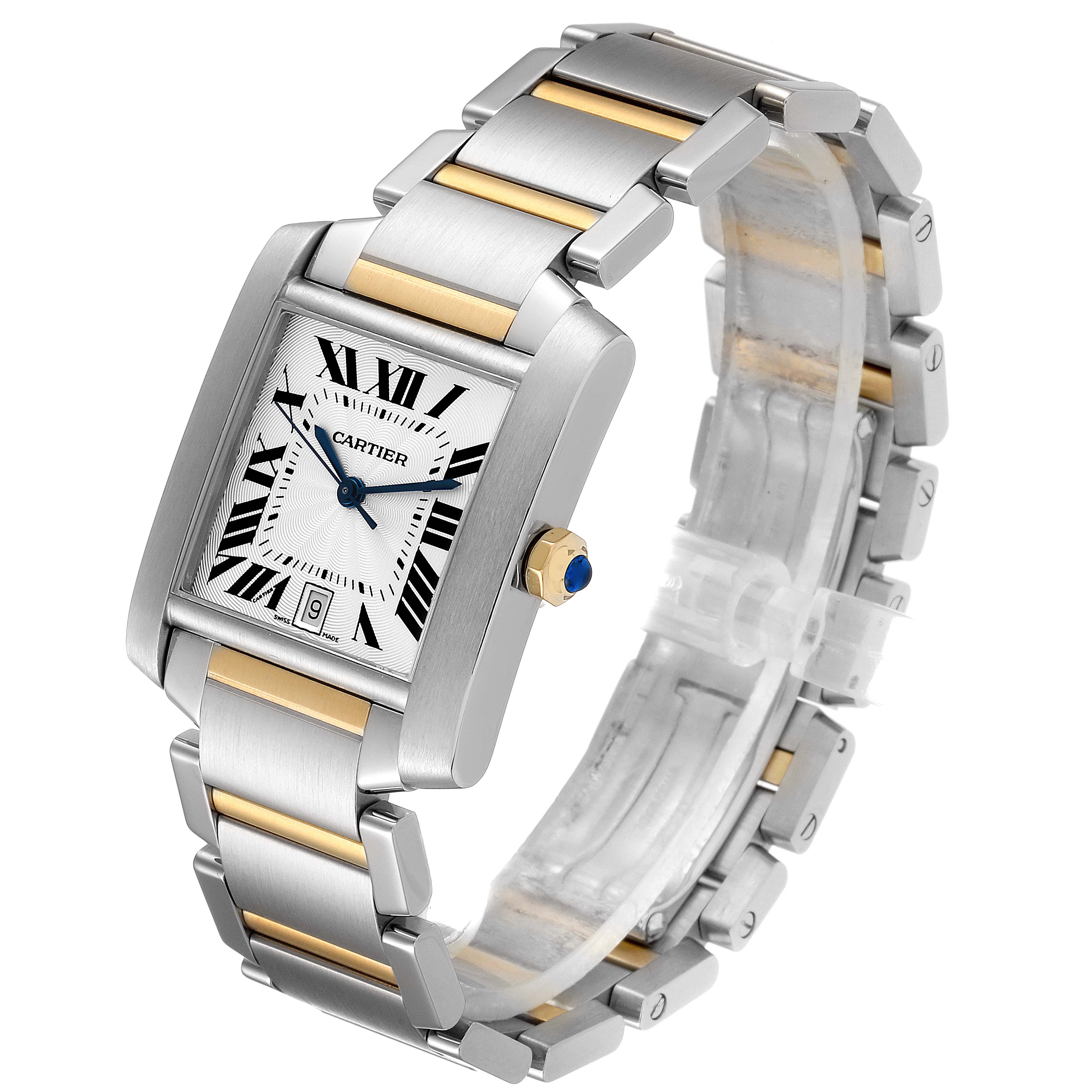 The Cartier Tank Francaise W51005Q4 Men's Steel and Gold (two tone) Silver Dial W51005Q4 Men's Steel and Gold (two tone) Silver Dial watch is shown at a slight angle, highlighting its rectangular face, Roman numerals, and metal bracelet with gold accents.