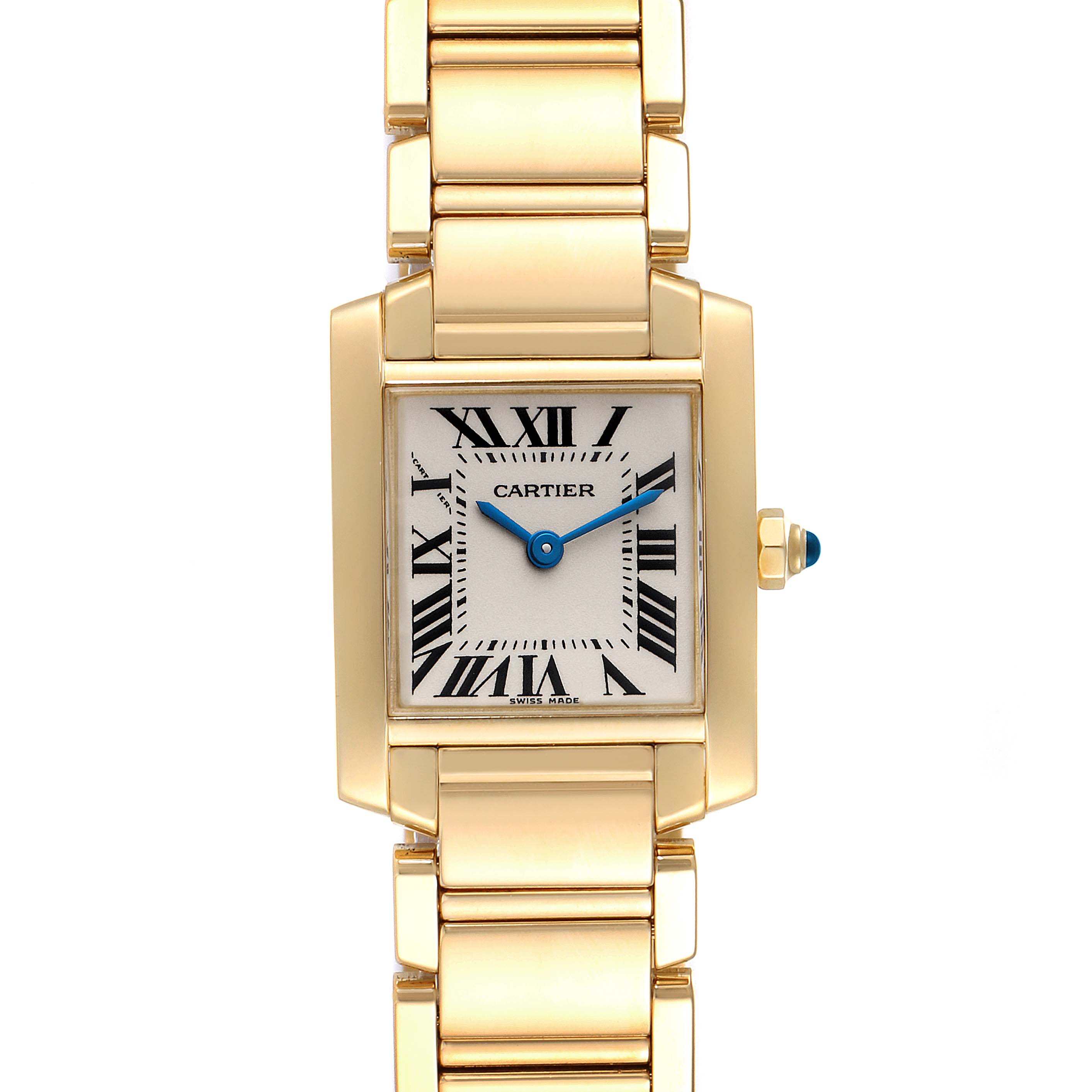 The image shows a frontal view of the Tank Francaise model by Cartier, highlighting the bracelet, square dial, and roman numeral markers.