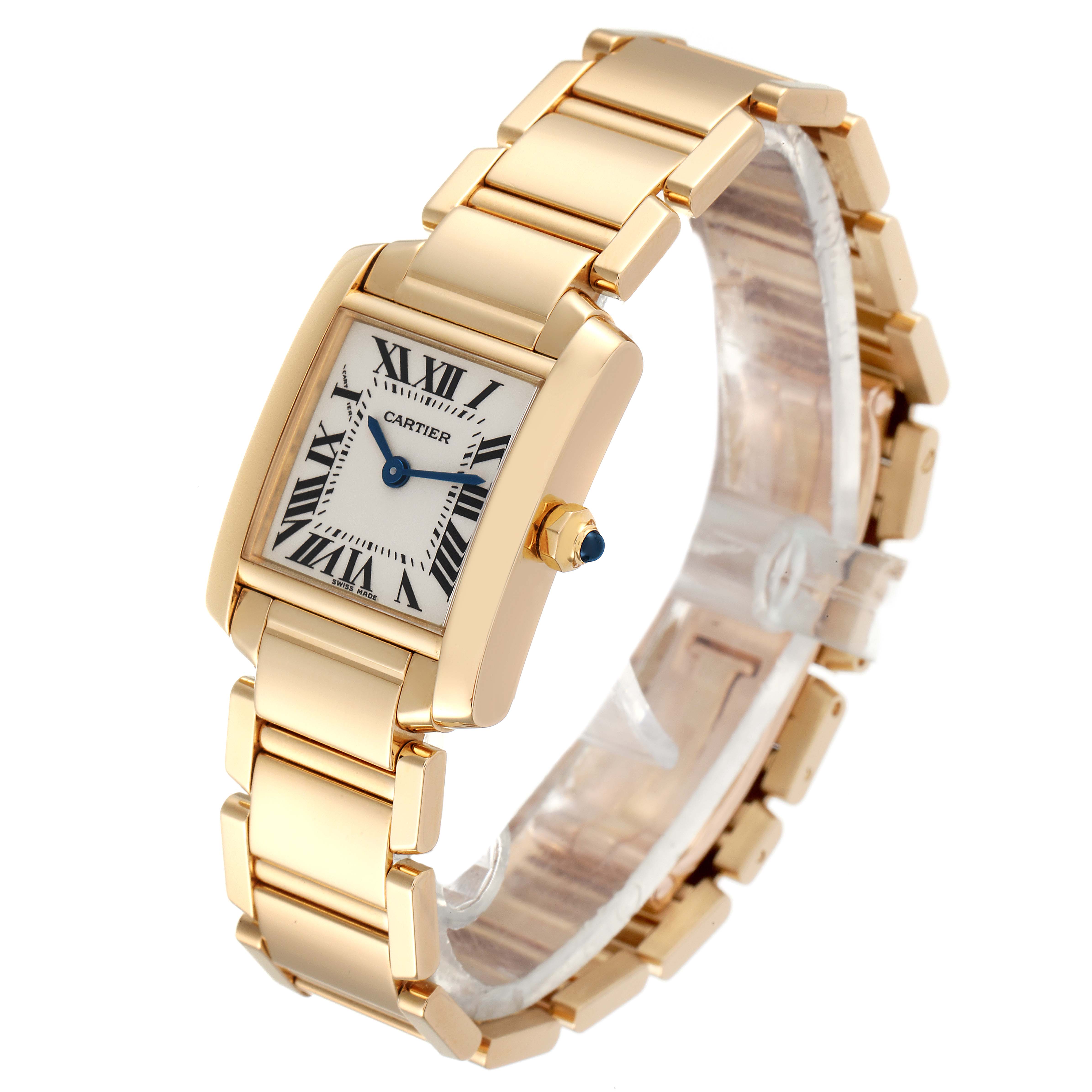 The Cartier Tank Francaise W50002N2 Women
s Yellow Gold Silver Dial W50002N2 Women
s Yellow Gold Silver Dial watch is shown at a three-quarter angle, displaying its face, bracelet, and crown.