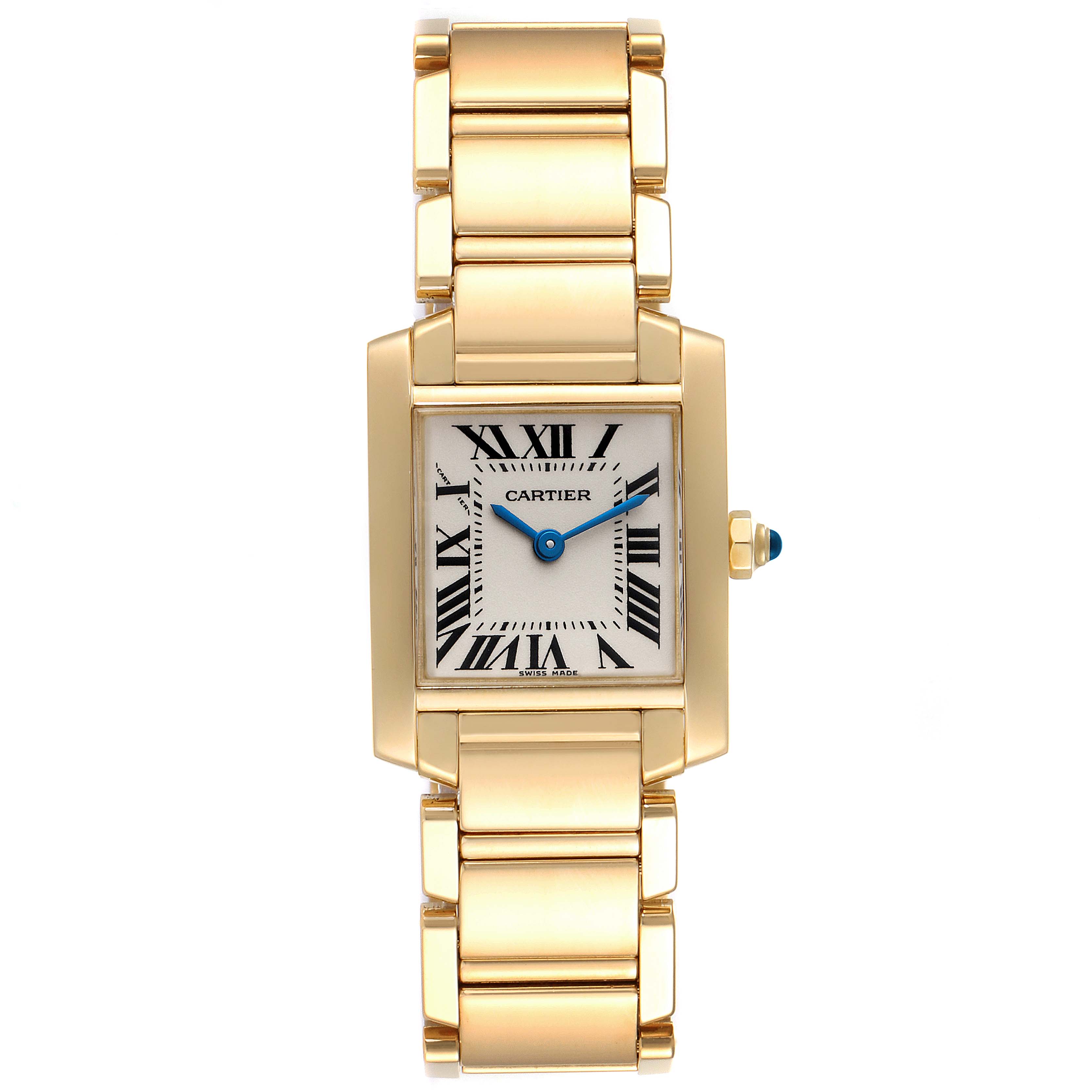 The image shows a frontal view of the Cartier Tank Française watch, highlighting its gold bracelet and rectangular dial.