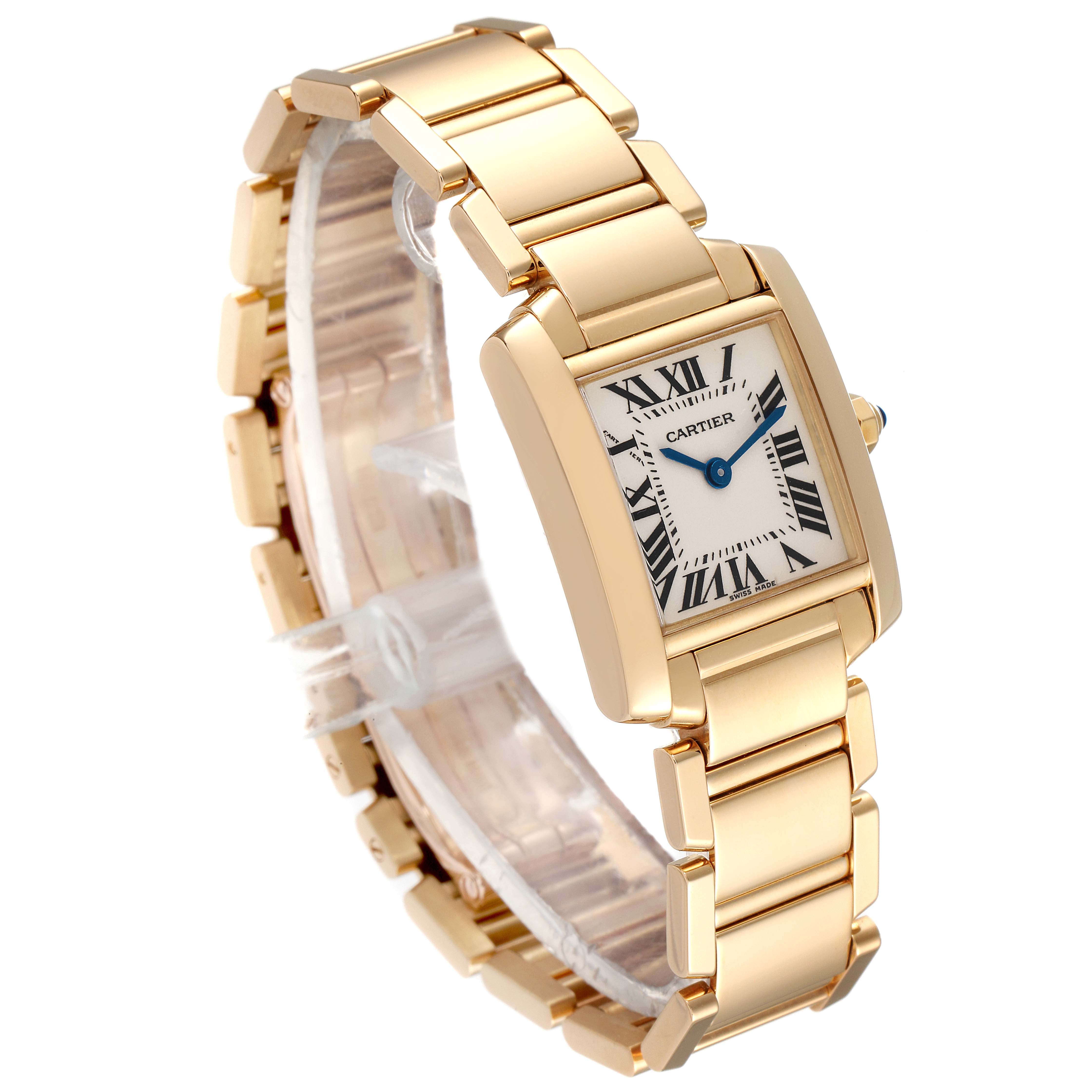 The image shows a Cartier Tank Francaise W50002N2 Women
s Yellow Gold Silver Dial W50002N2 Women
s Yellow Gold Silver Dial watch at an angled side view, displaying its rectangular dial and gold metal bracelet.
