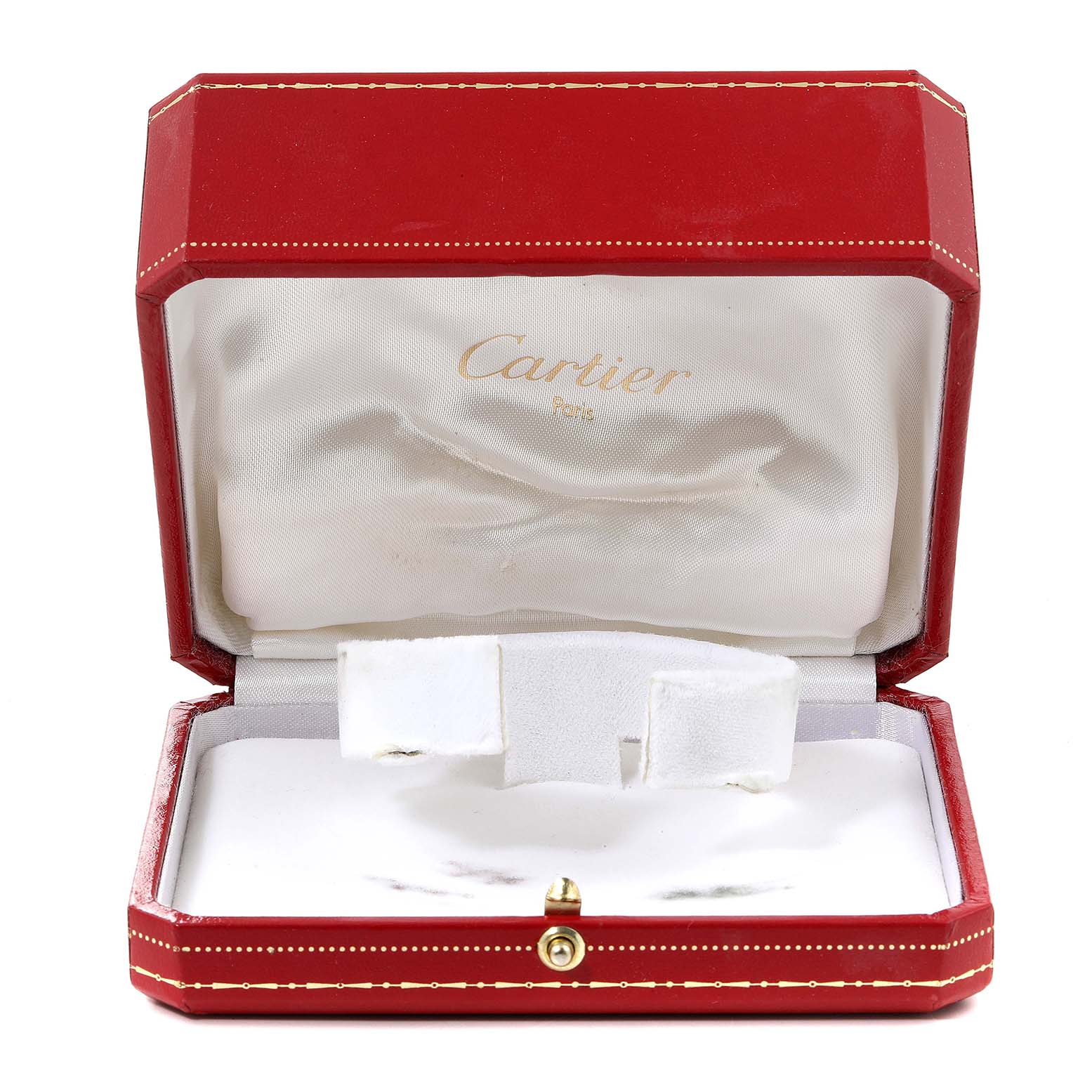 The image shows an open red Cartier box for the Tank Francaise model, with white padded interior and a watch holder.