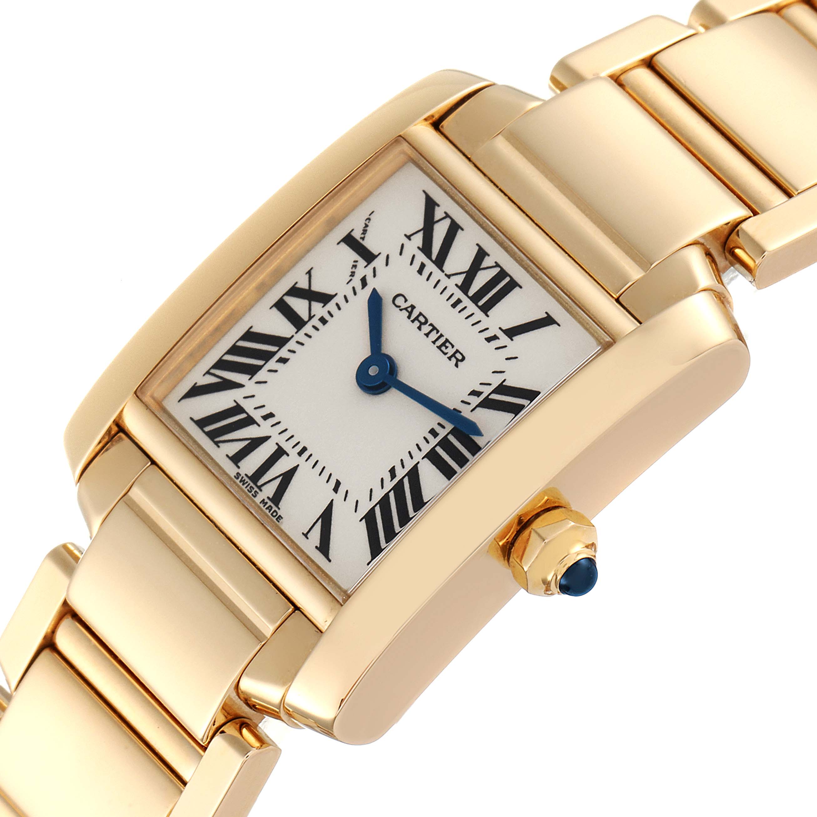 This image shows a close-up, angled view of the Cartier Tank Francaise W50002N2 Women
s Yellow Gold Silver Dial W50002N2 Women
s Yellow Gold Silver Dial watch, highlighting its gold case, bracelet, and Roman numeral dial.