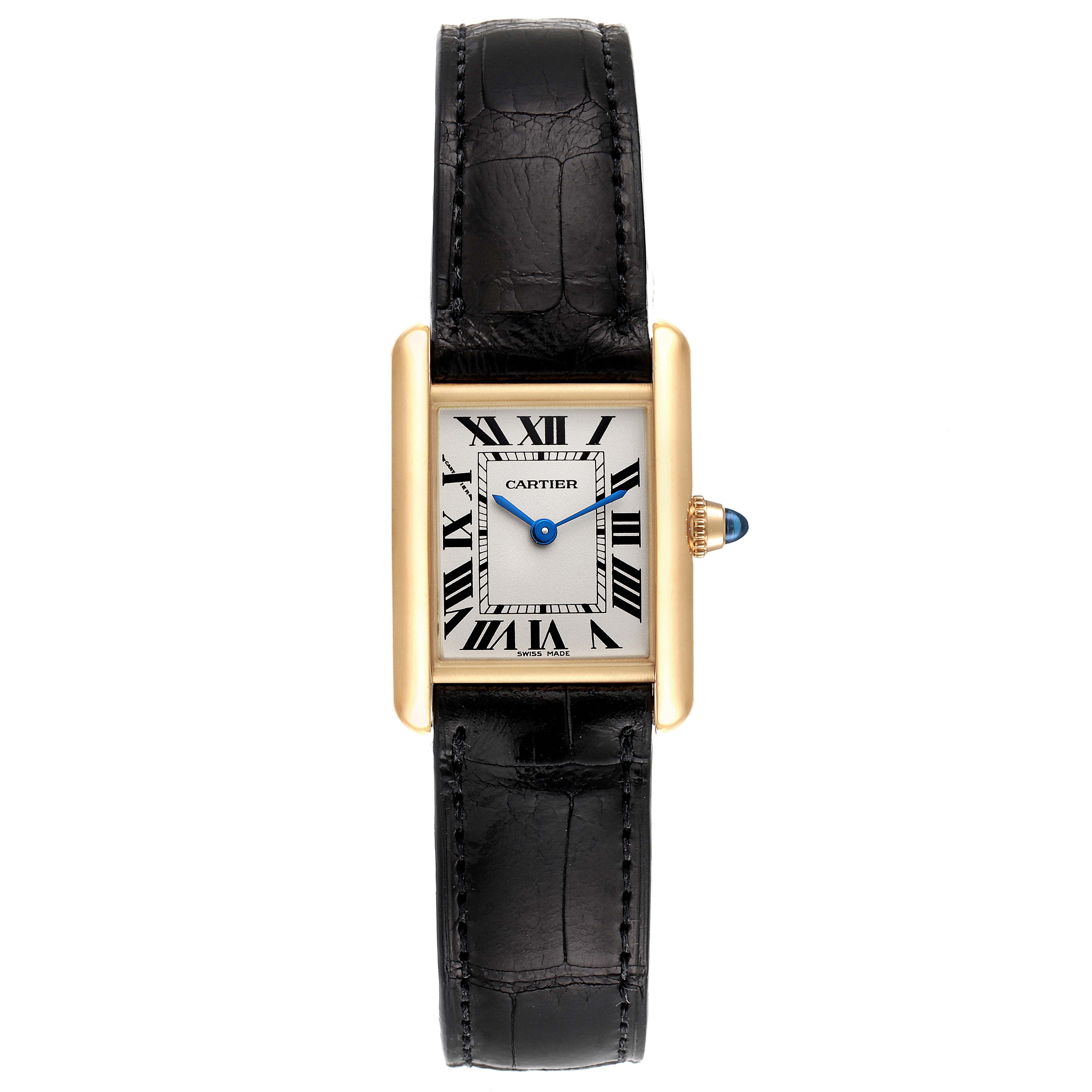 The image shows a front view of the Cartier Tank Louis W1529856 Women
s Yellow Gold Silver Dial W1529856 Women
s Yellow Gold Silver Dial watch, highlighting its face, bezel, crown, and strap.