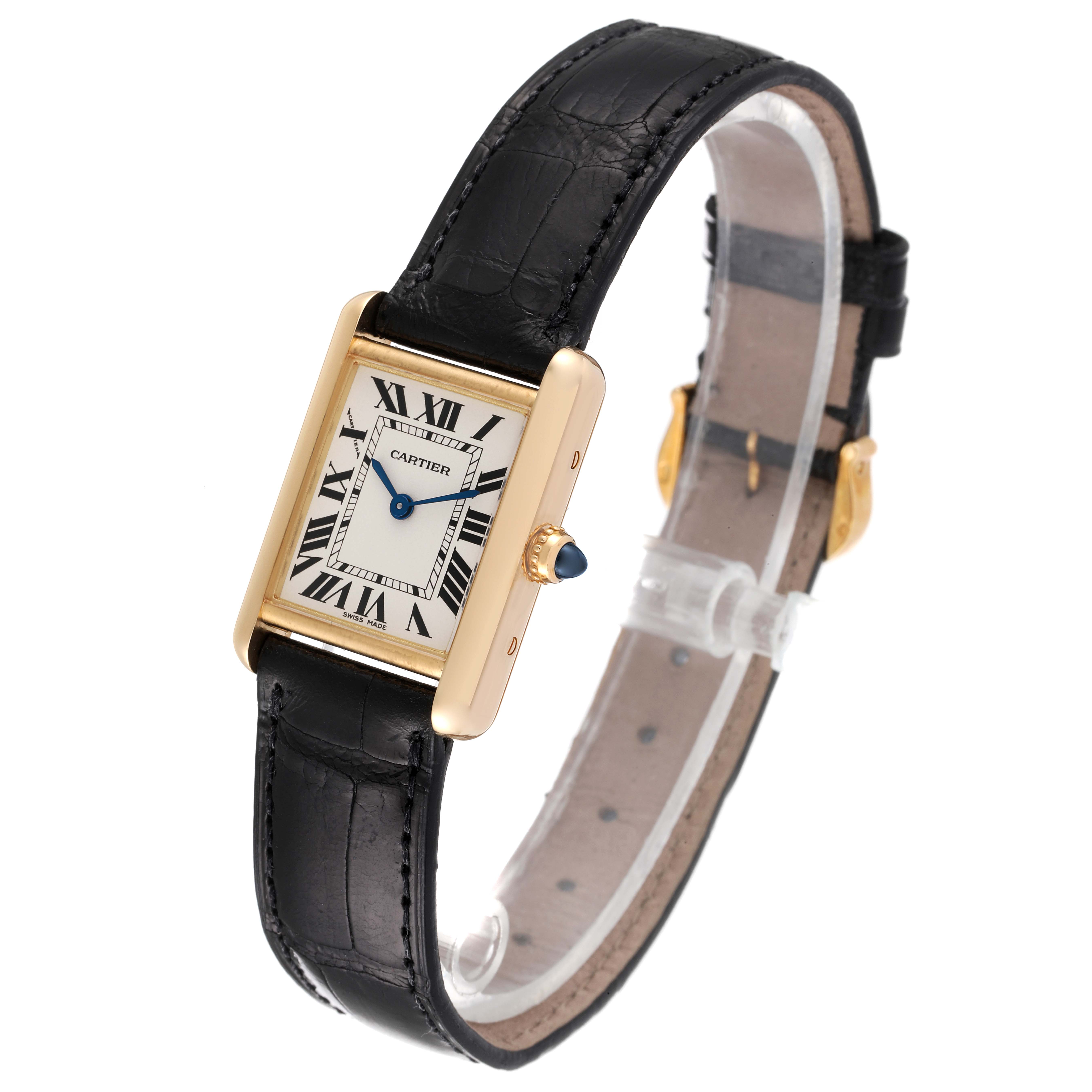 The image shows a Cartier Tank Louis W1529856 Women
s Yellow Gold Silver Dial W1529856 Women
s Yellow Gold Silver Dial model angled at a 3/4 view, with a clear display of the face, strap, and crown.