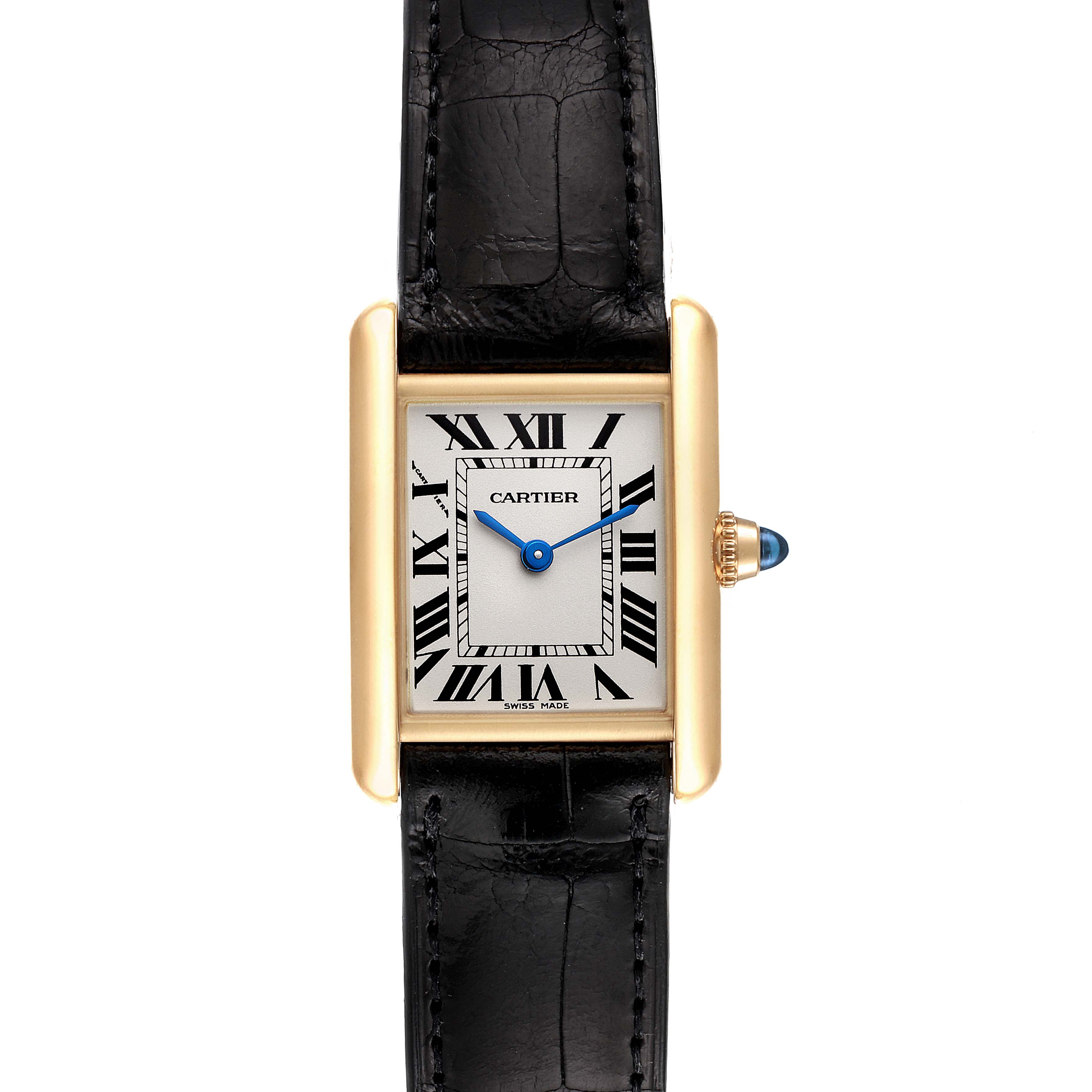 The image shows a Cartier Tank Louis W1529856 Women
s Yellow Gold Silver Dial W1529856 Women
s Yellow Gold Silver Dial model watch from a straight-on angle, highlighting the face, strap, and crown.