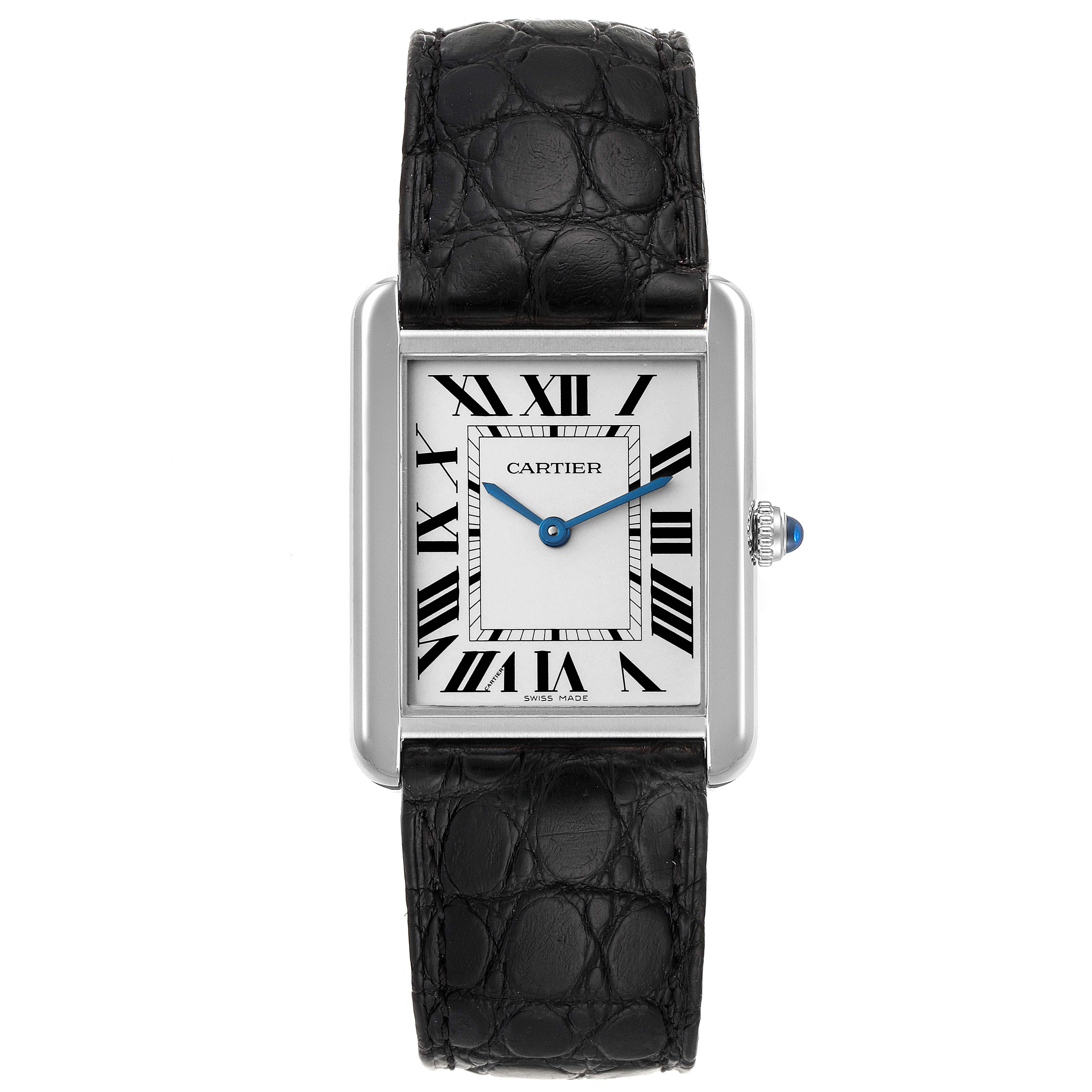 The image shows a front view of a Cartier Tank Solo W1018355 Men's Stainless Steel Silver Dial W1018355 Men's Stainless Steel Silver Dial watch with its face, black leather strap, and crown visible.
