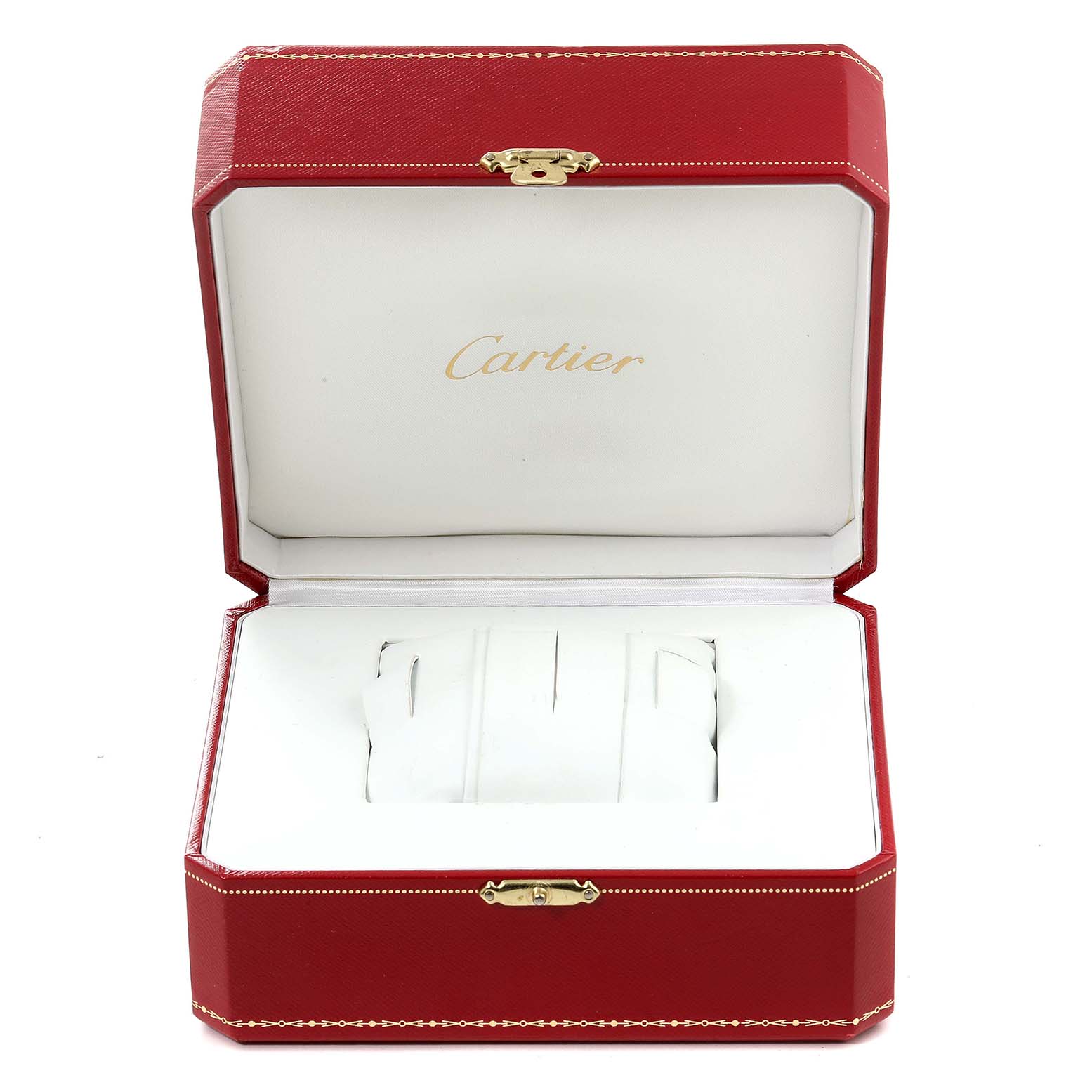 The image shows an open red Cartier watch box for the Tank Solo model, displaying the interior without the watch.