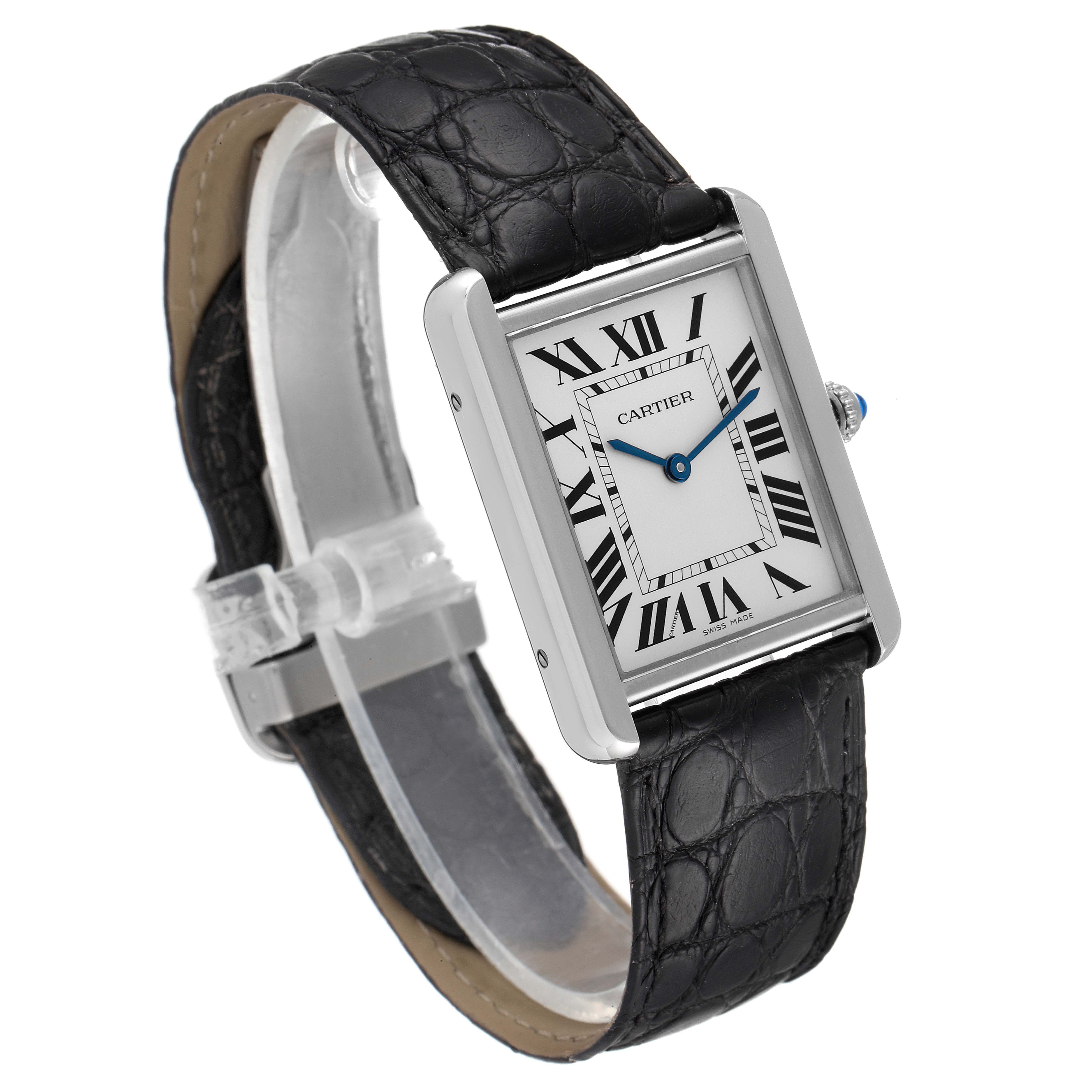 The image shows a Cartier Tank Solo W1018355 Men's Stainless Steel Silver Dial W1018355 Men's Stainless Steel Silver Dial watch angled slightly from the front, featuring its rectangular face, Roman numerals, and black leather strap.