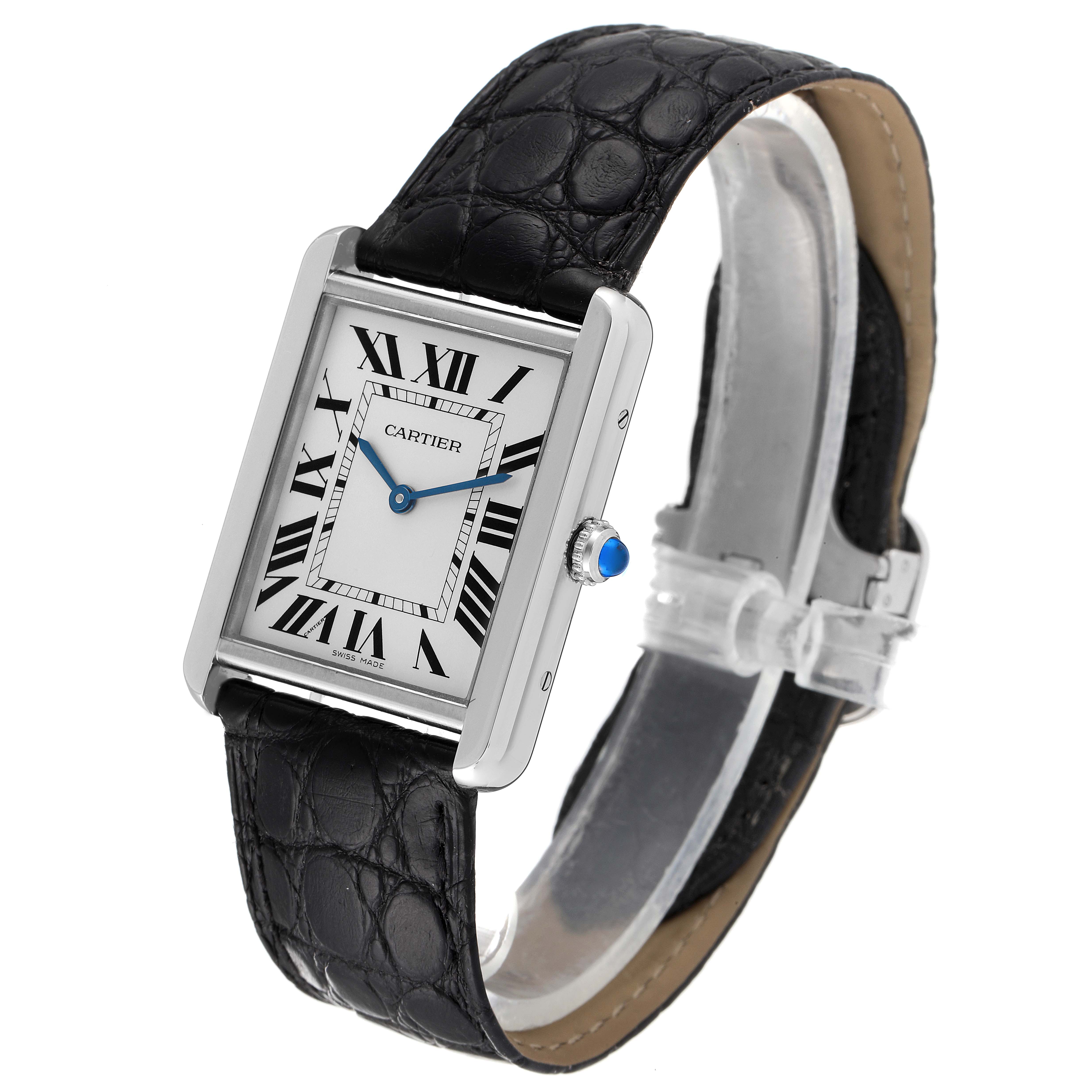 This Cartier Tank Solo W1018355 Men's Stainless Steel Silver Dial W1018355 Men's Stainless Steel Silver Dial watch is shown at a slightly tilted angle, displaying its face, side case, and black leather strap.