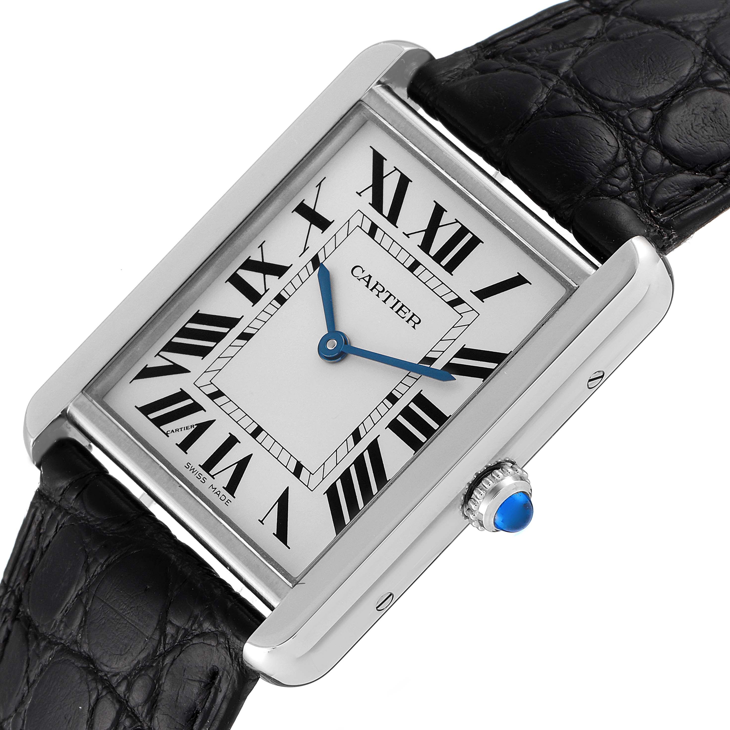 The Cartier Tank Solo W1018355 Men's Stainless Steel Silver Dial W1018355 Men's Stainless Steel Silver Dial watch is angled to show its face, casing, crown, and part of its black leather strap.