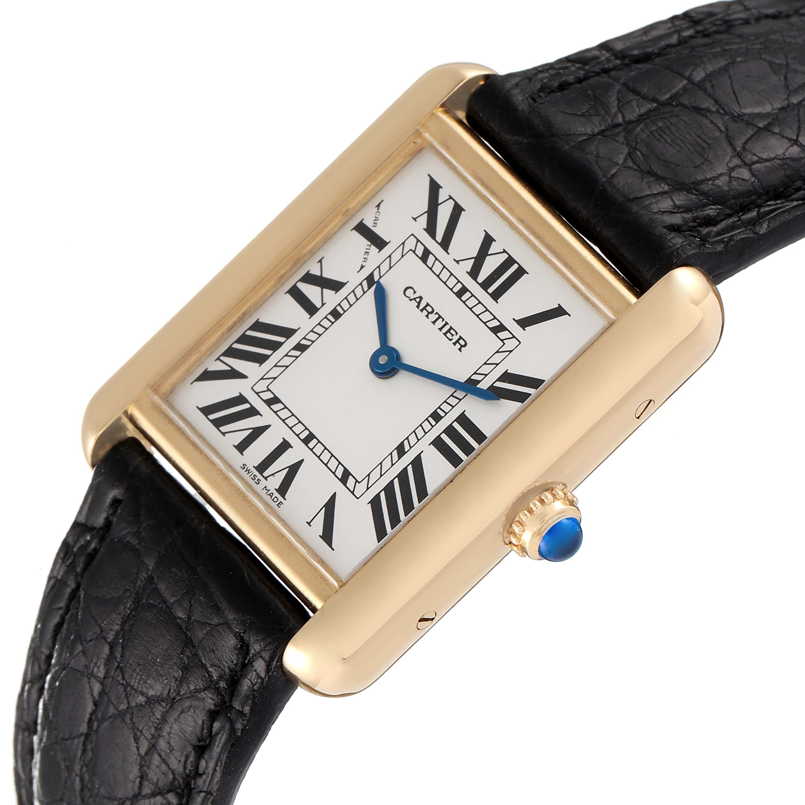 An angled view of the Cartier Tank Solo W1018755 Women
s Steel and Gold (two tone) Silver Dial W1018755 Women
s Steel and Gold (two tone) Silver Dial watch highlights its gold case, Roman numerals, black leather strap, and blue cabochon crown.