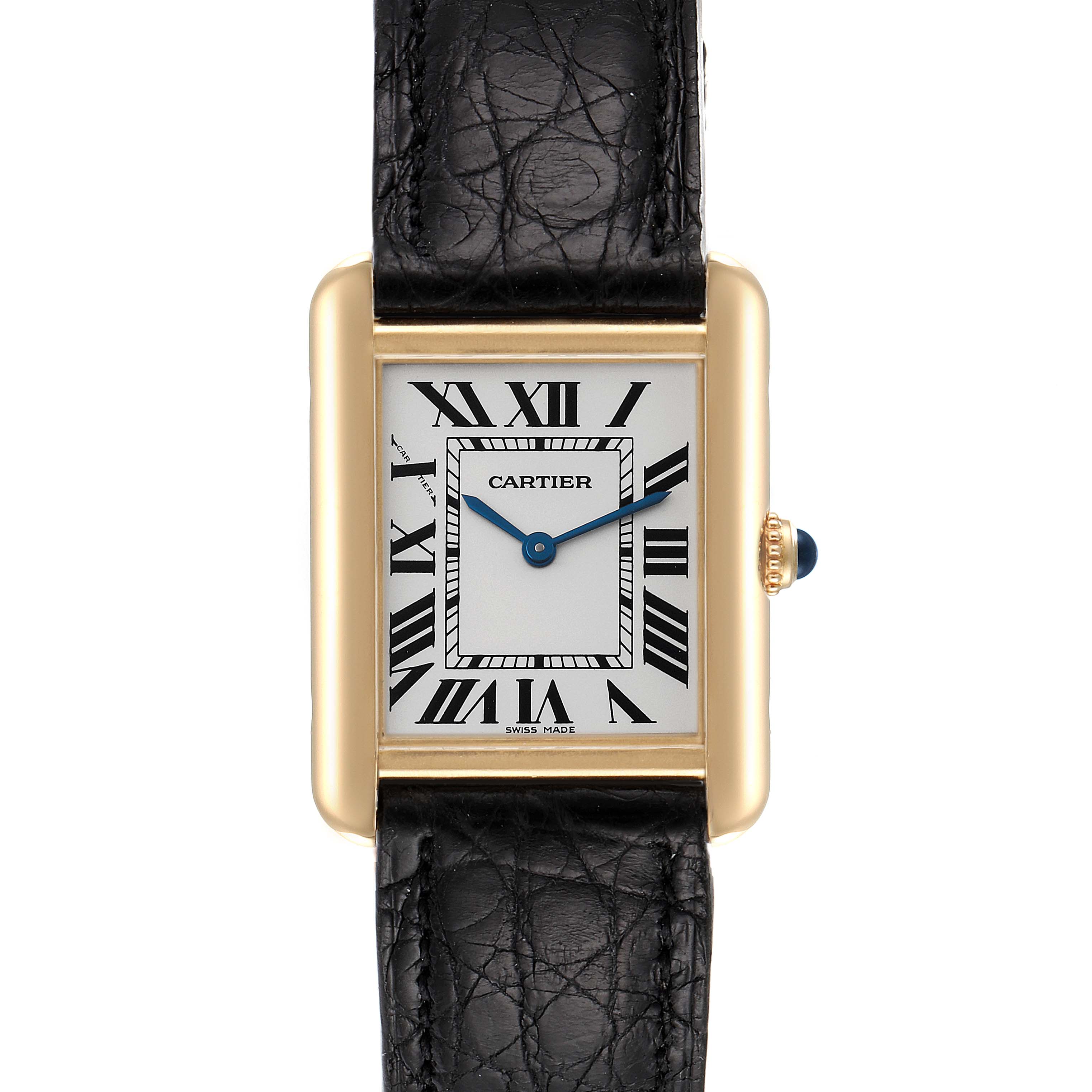 This image shows a frontal view of the Cartier Tank Solo W1018755 Women
s Steel and Gold (two tone) Silver Dial W1018755 Women
s Steel and Gold (two tone) Silver Dial watch, highlighting its rectangular face, Roman numerals, and black leather strap.