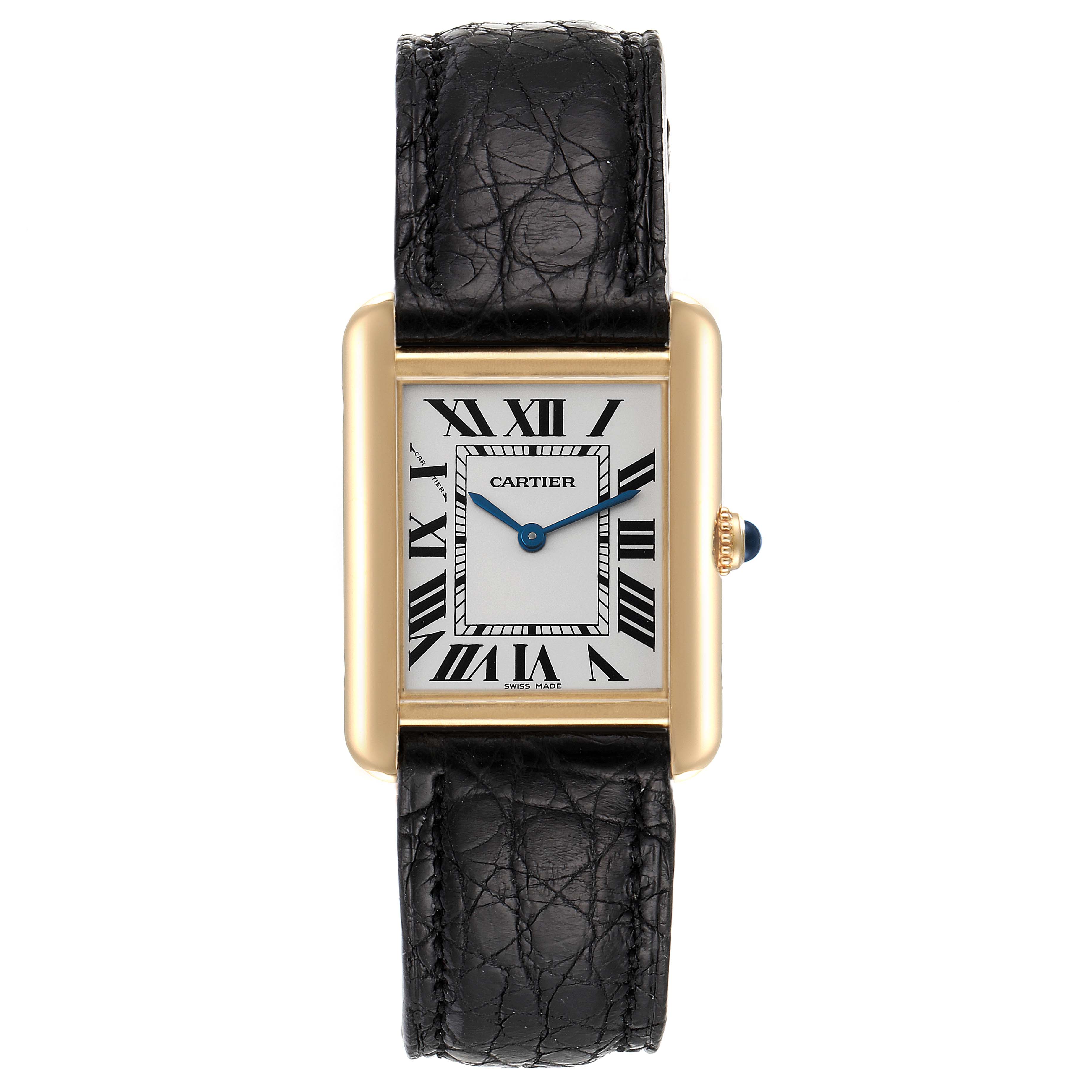 The Cartier Tank Solo W1018755 Women
s Steel and Gold (two tone) Silver Dial W1018755 Women
s Steel and Gold (two tone) Silver Dial watch is shown from the front, displaying its rectangular face, gold casing, Roman numerals, and black leather strap.