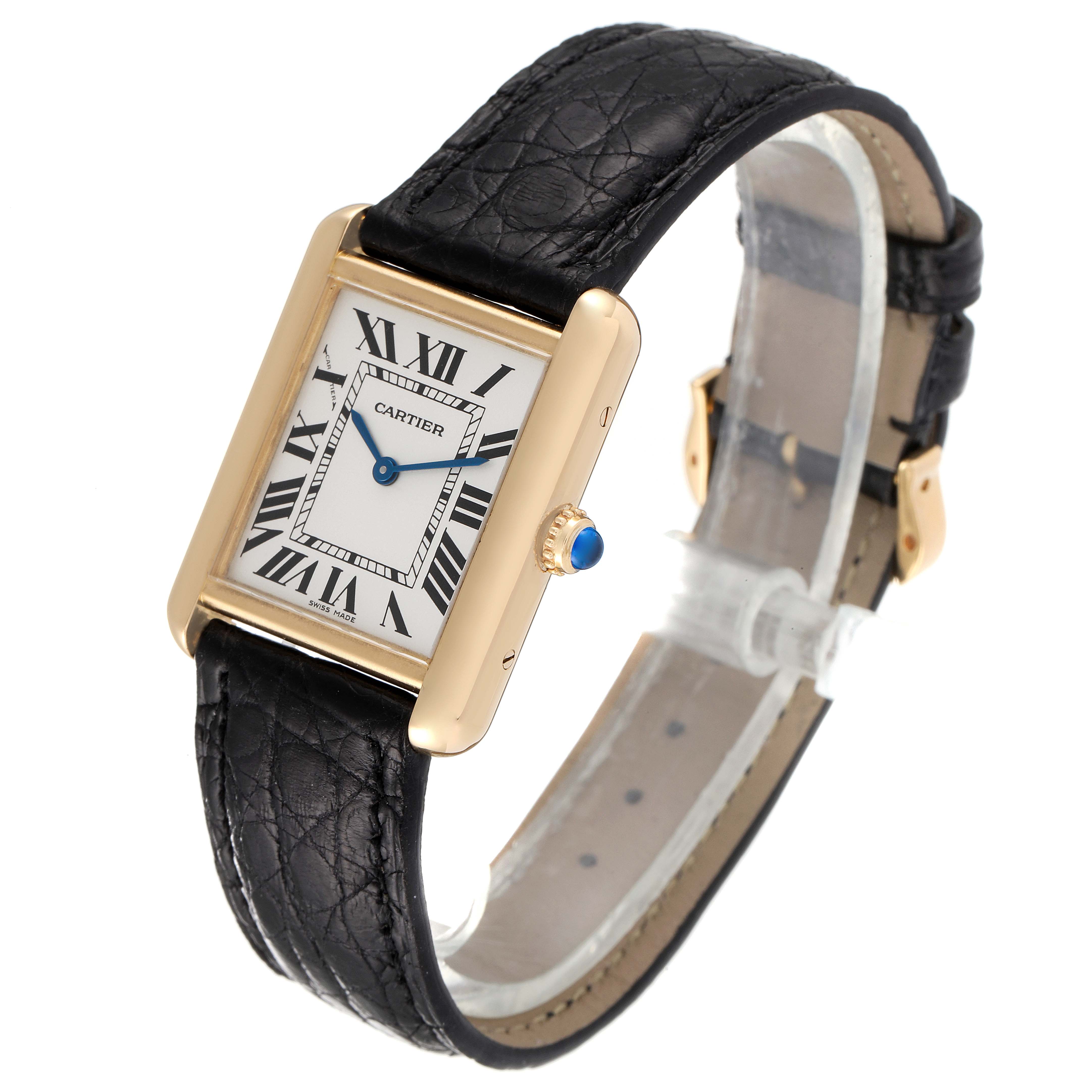 The image shows a Cartier Tank Solo W1018755 Women
s Steel and Gold (two tone) Silver Dial W1018755 Women
s Steel and Gold (two tone) Silver Dial watch from a front-left angle, highlighting its face, crown, and leather strap.