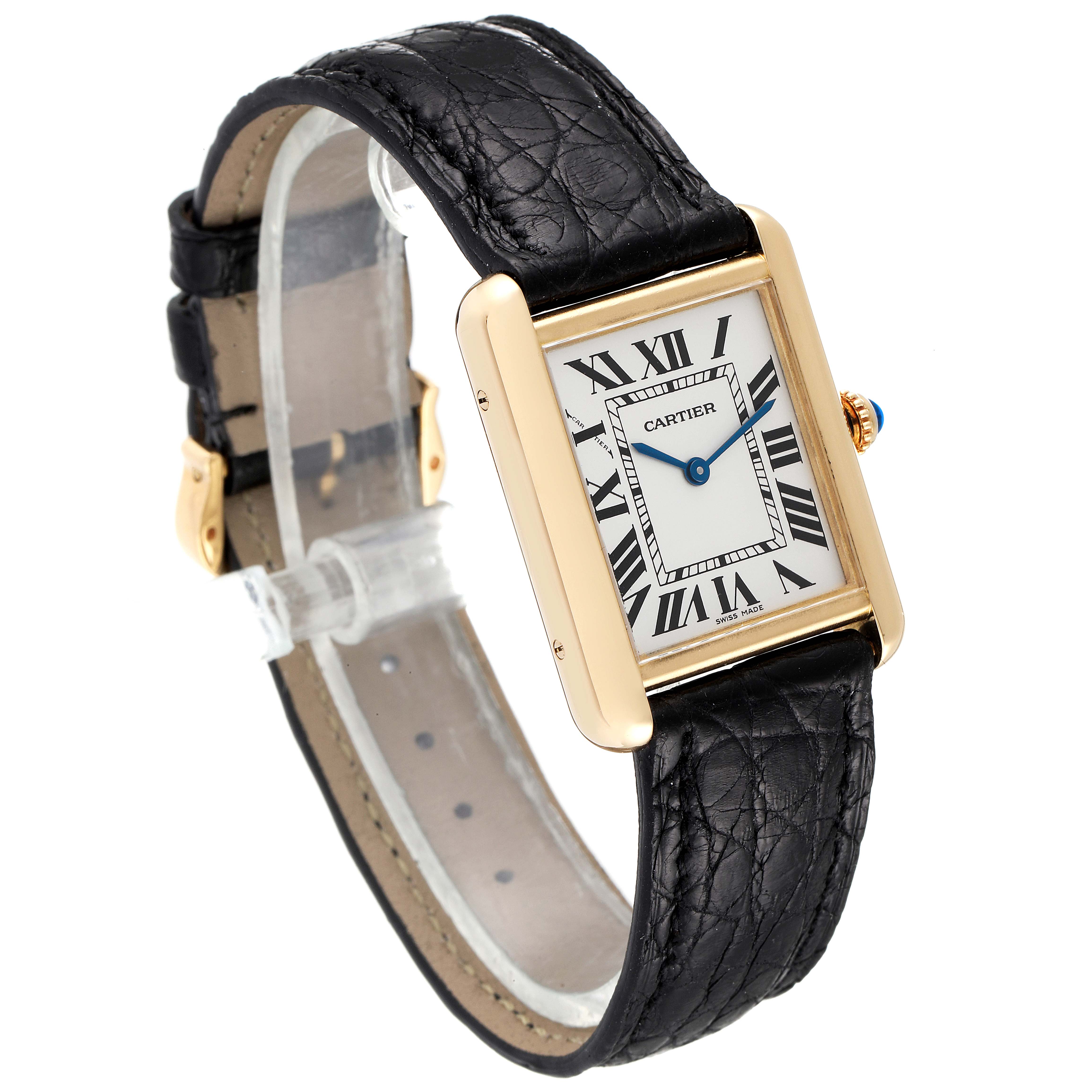 The image shows a Cartier Tank Solo W1018755 Women
s Steel and Gold (two tone) Silver Dial W1018755 Women
s Steel and Gold (two tone) Silver Dial watch at a slight angle, highlighting its rectangular face, Roman numerals, and black leather strap.