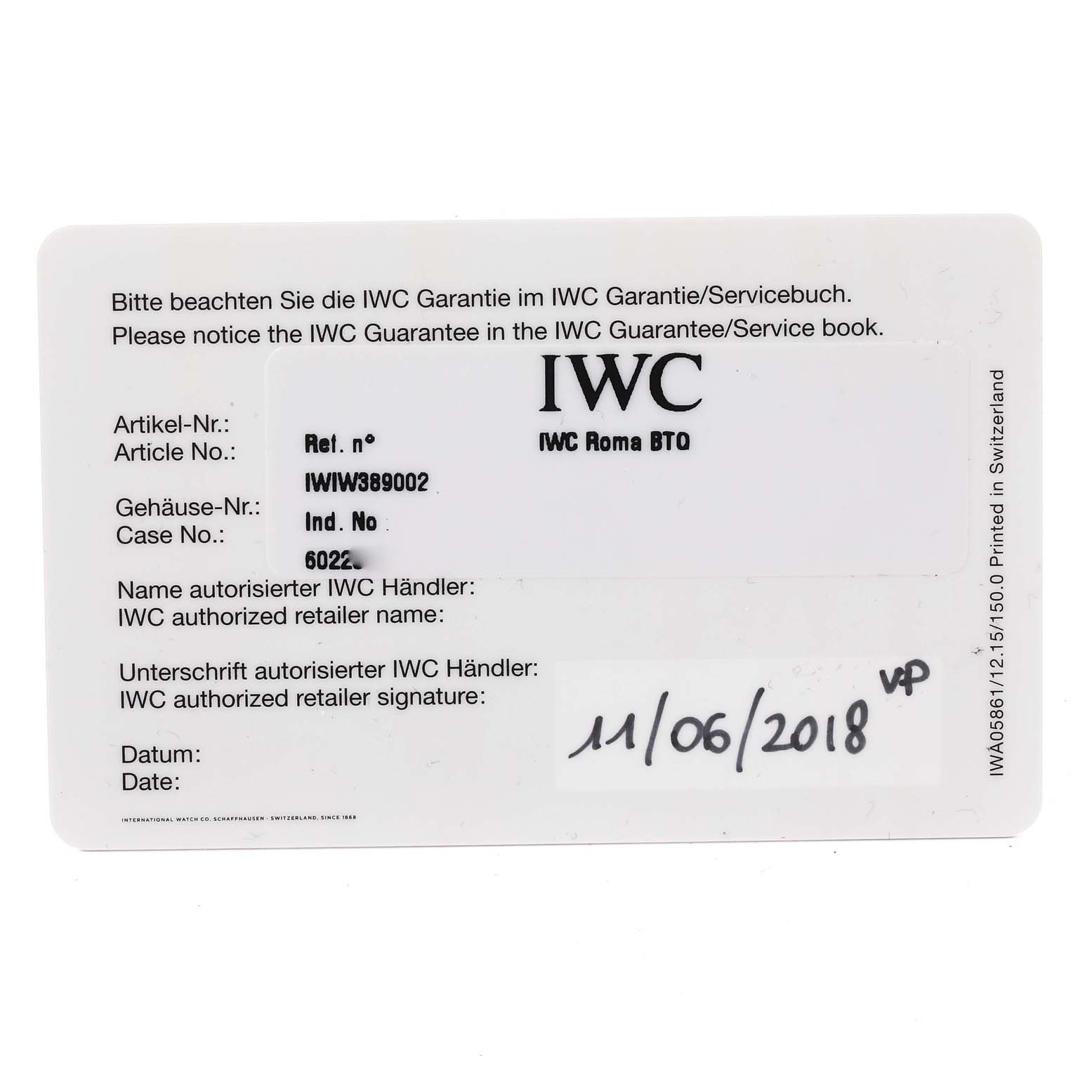 This image shows the IWC guarantee card for an IWC Pilot IW389002 Men's Ceramic Black Dial IW389002 Men's Ceramic Black Dial model watch, displaying the article number, case number, and date.