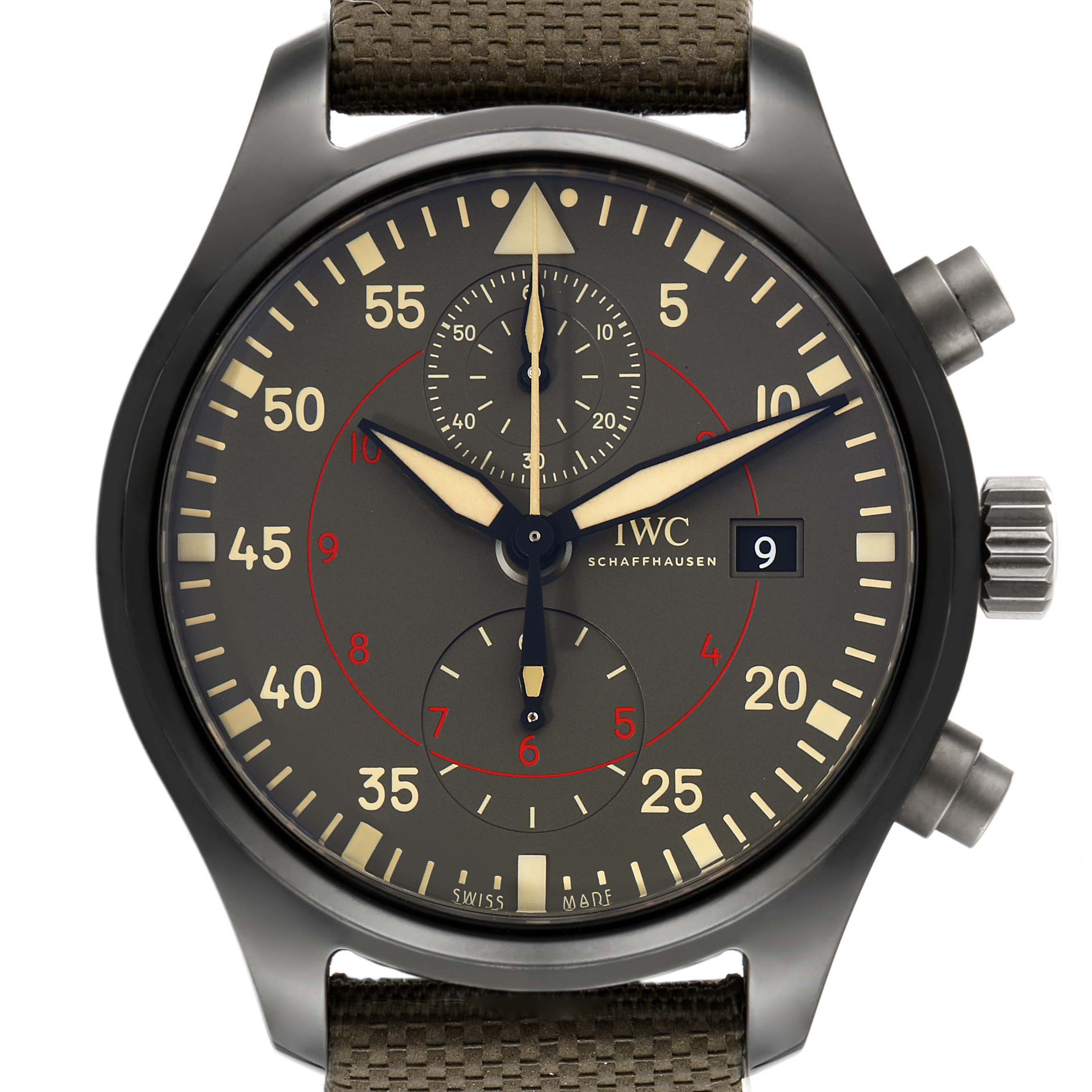 The image shows a front view of an IWC Pilot IW389002 Men's Ceramic Black Dial IW389002 Men's Ceramic Black Dial model watch displaying its dial, hands, sub-dials, date window, and side crown.