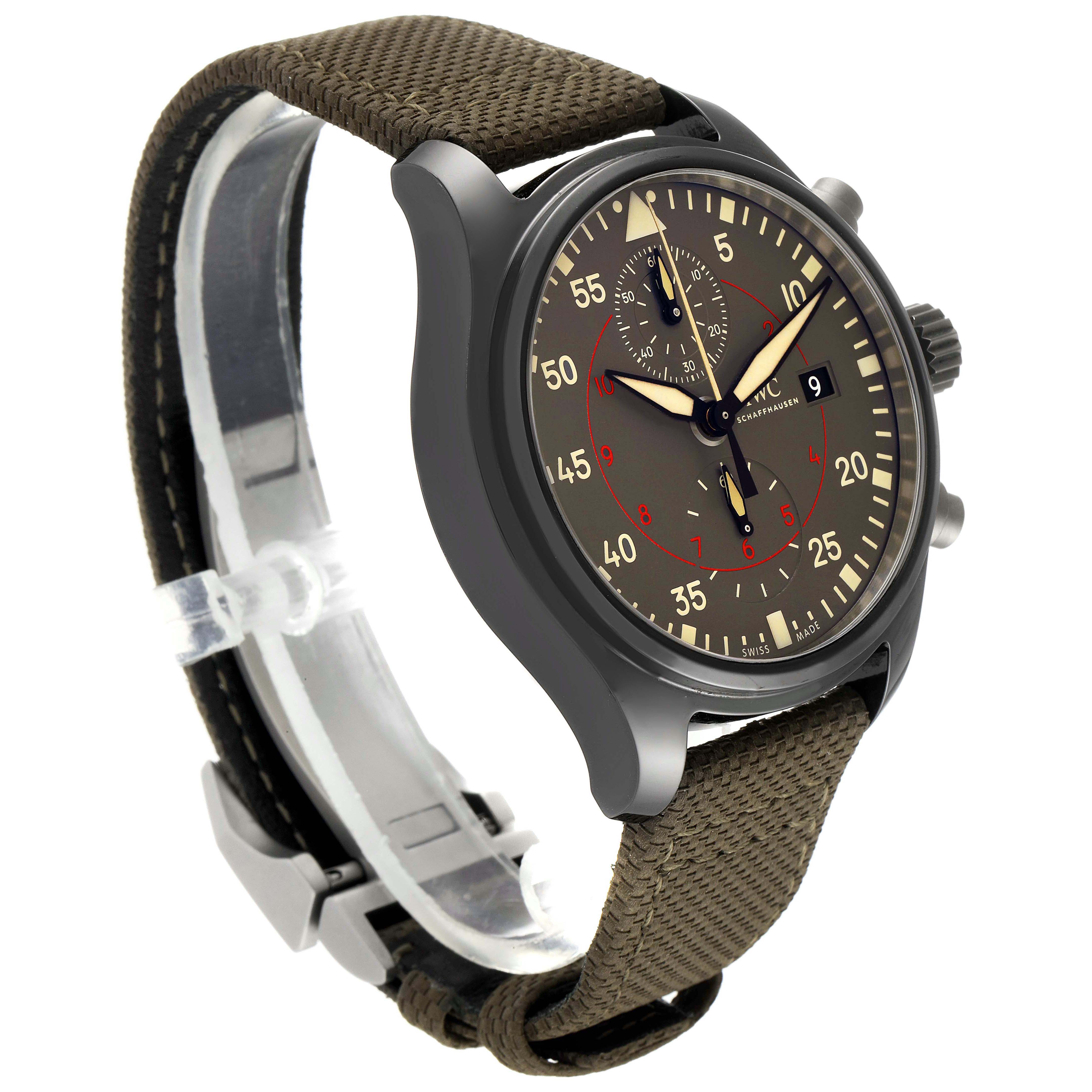 The IWC Pilot IW389002 Men's Ceramic Black Dial IW389002 Men's Ceramic Black Dial model watch is shown in a three-quarter view, highlighting the dial, case, and strap.