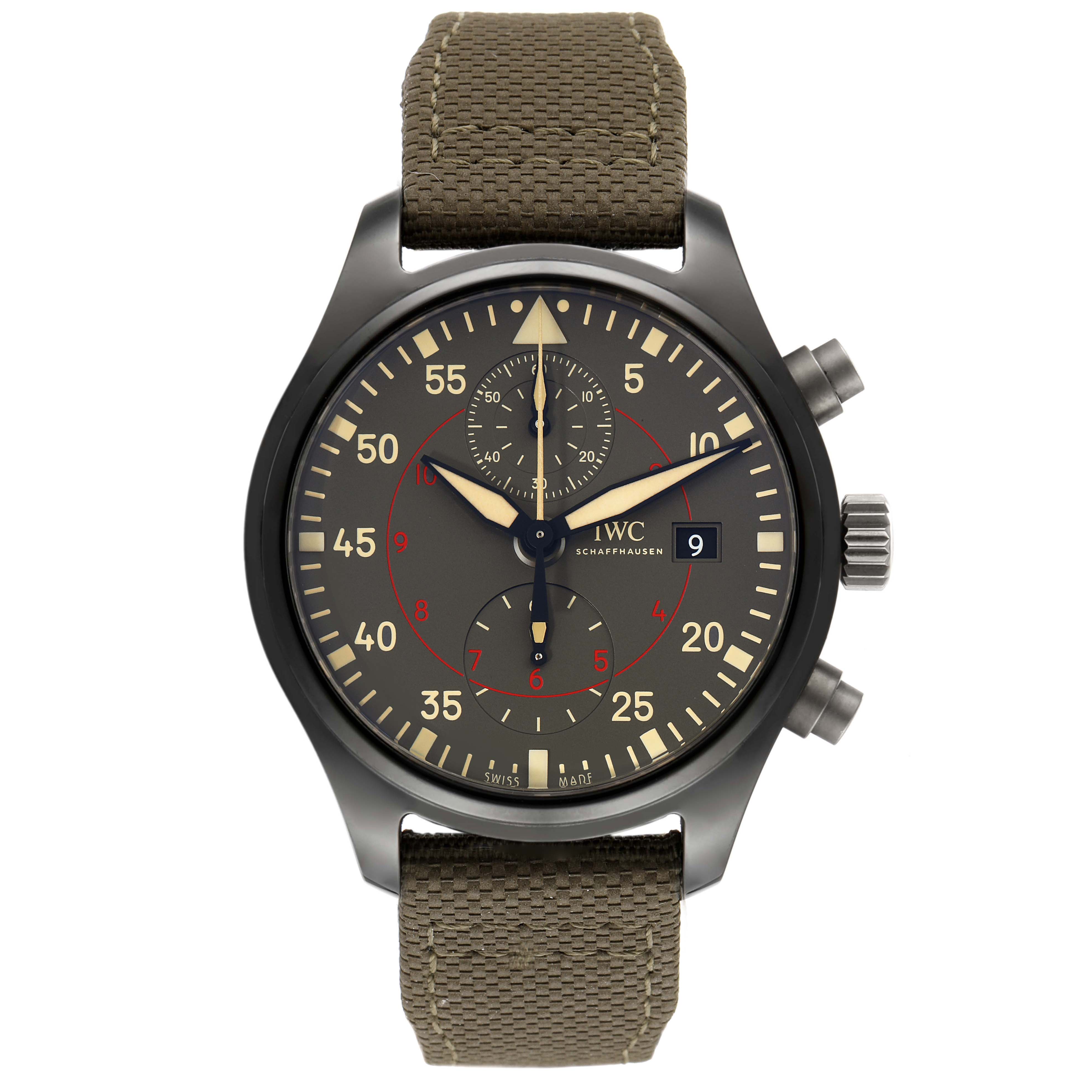 The IWC Pilot IW389002 Men's Ceramic Black Dial IW389002 Men's Ceramic Black Dial model is shown from a front angle, displaying the dial, hands, pusher buttons, crown, and strap.