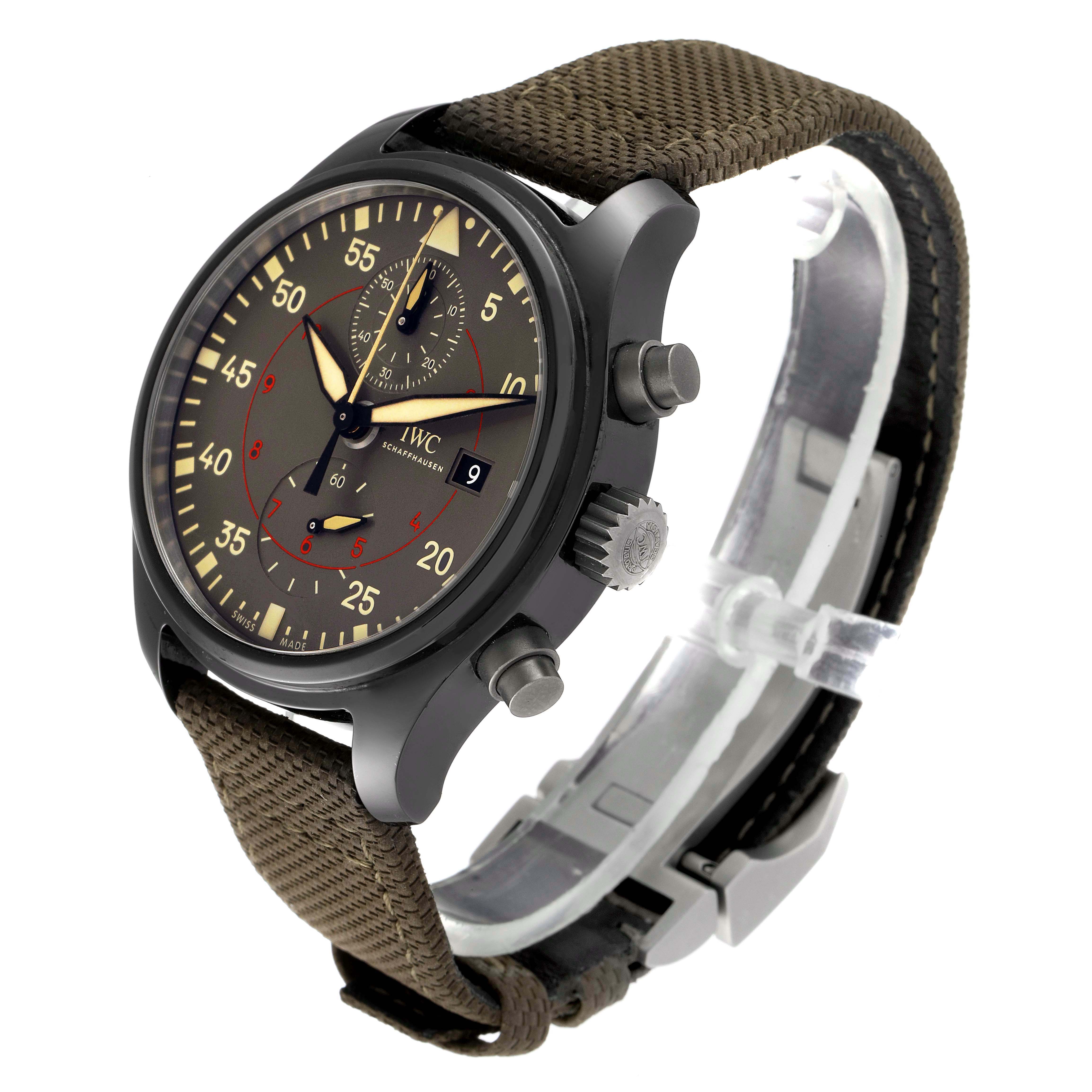 This image shows a side angle of an IWC Pilot IW389002 Men's Ceramic Black Dial IW389002 Men's Ceramic Black Dial model watch, displaying the face, crown, pushers, and brown strap.