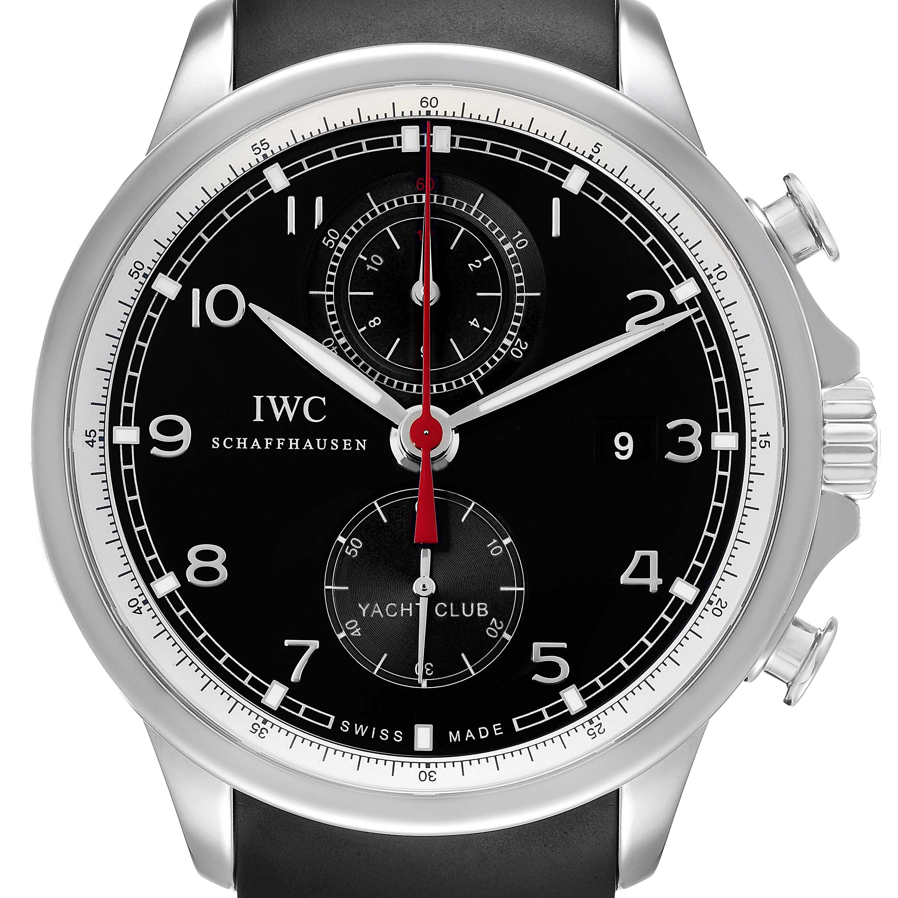 The IWC Portuguese IW390210 Men's Stainless Steel Black Dial watch is shown from the front, highlighting the dial, hands, subdials, and casing.