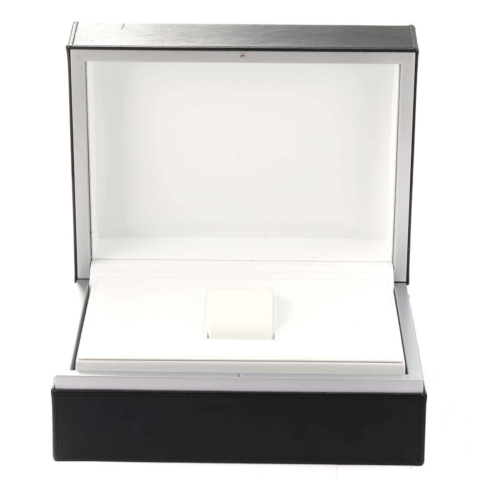The image shows an open IWC Portuguese IW390210 Men's Stainless Steel Black Dial watch box, highlighting the interior and watch cushion from the front angle.