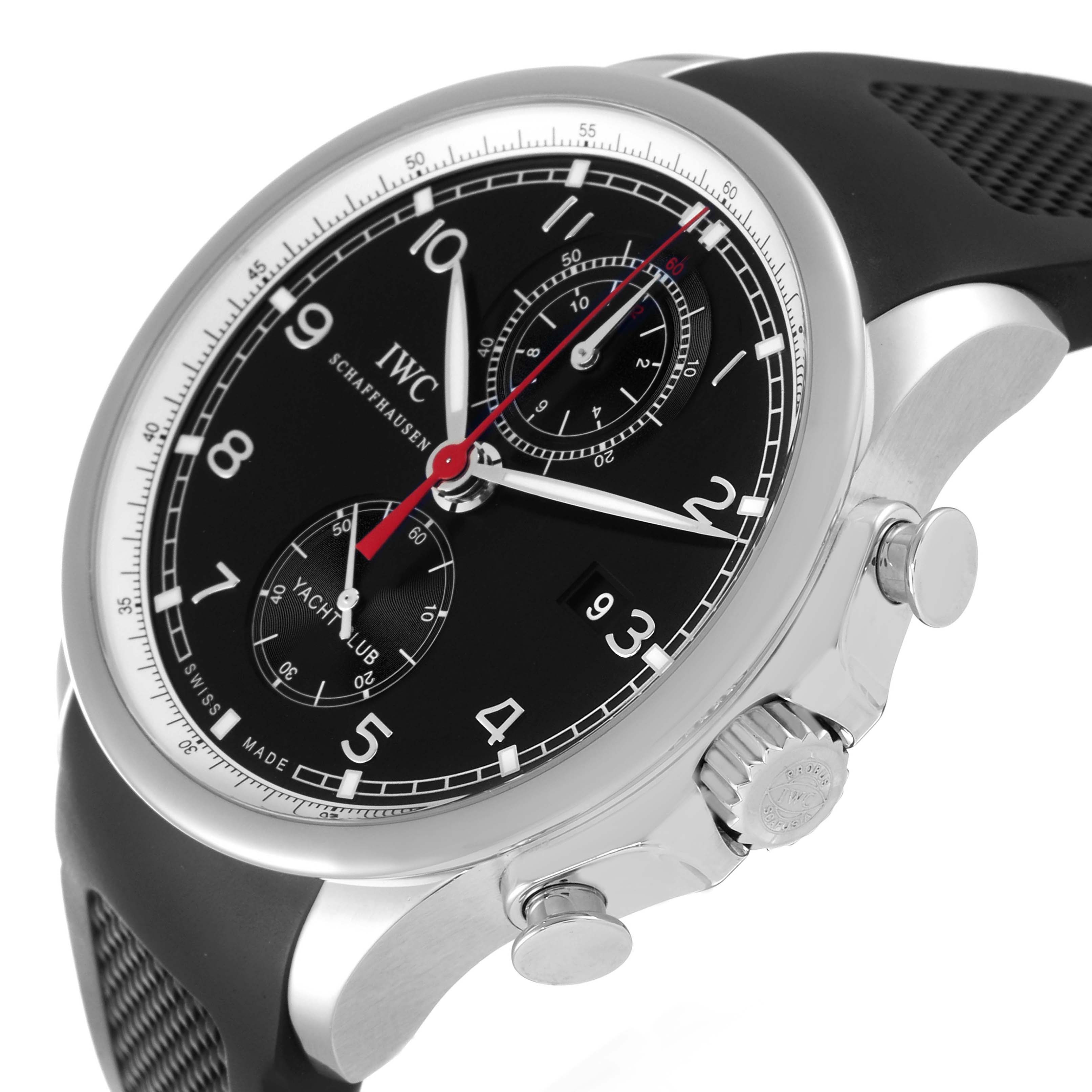 The IWC Portuguese IW390210 Men's Stainless Steel Black Dial model is shown at an oblique angle, highlighting the dial, crown, and pushers.