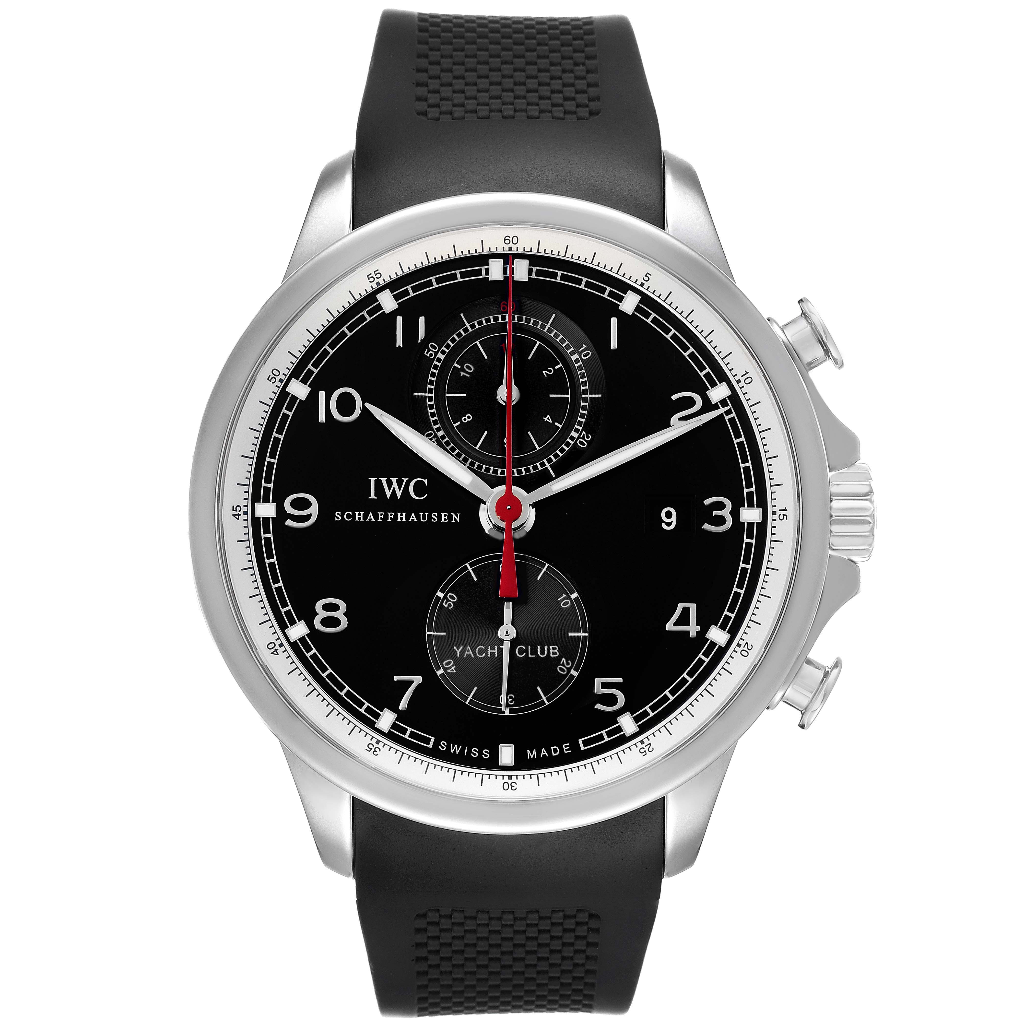 The IWC Portuguese IW390210 Men's Stainless Steel Black Dial watch is shown in a front view, displaying the face, bezel, pushers, and strap.