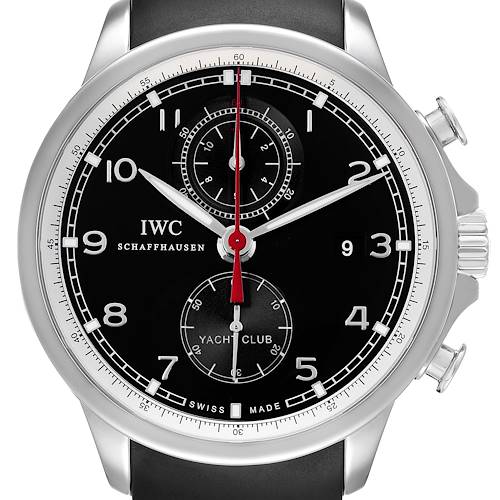 The IWC Portuguese IW390210 Men's Stainless Steel Black Dial model watch is shown from the front, displaying its dial, bezel, hands, and chronograph features.