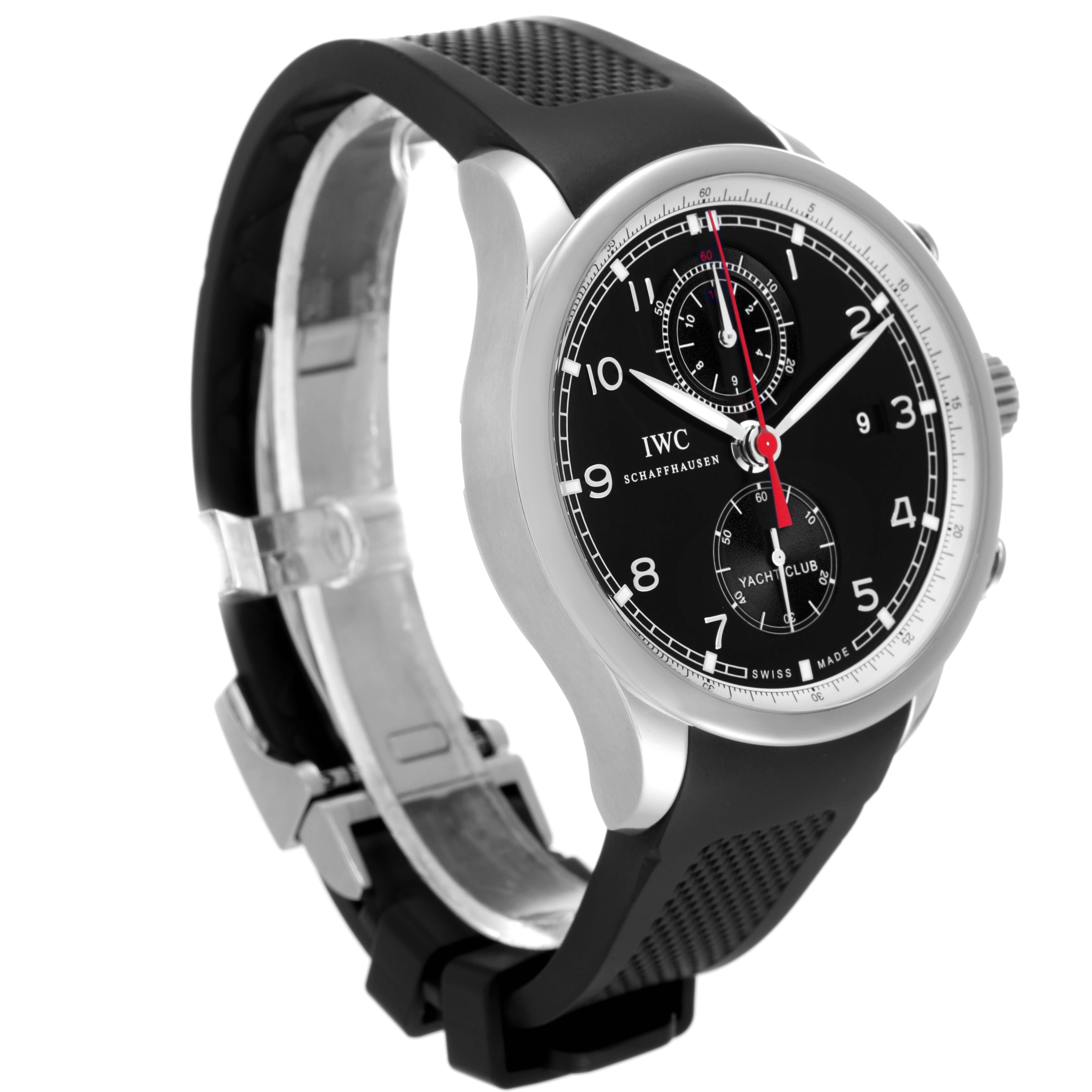 The IWC Portuguese IW390210 Men's Stainless Steel Black Dial watch is shown from a 3/4 angle, highlighting the black dial, chronograph subdials, and rubber strap.