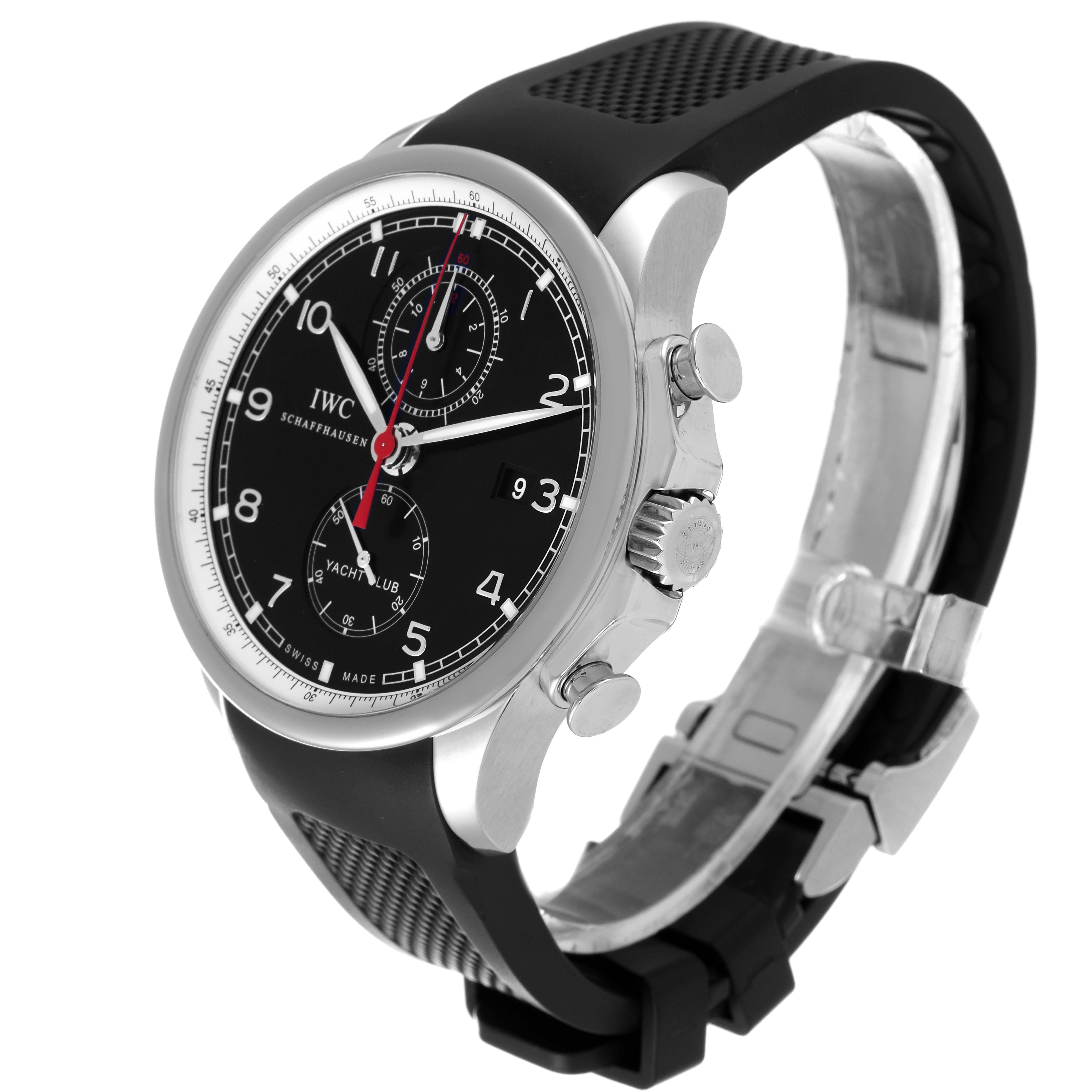 The IWC Portuguese IW390210 Men's Stainless Steel Black Dial watch is shown at a 3/4 angle, displaying the face, crown, pushers, and rubber strap.