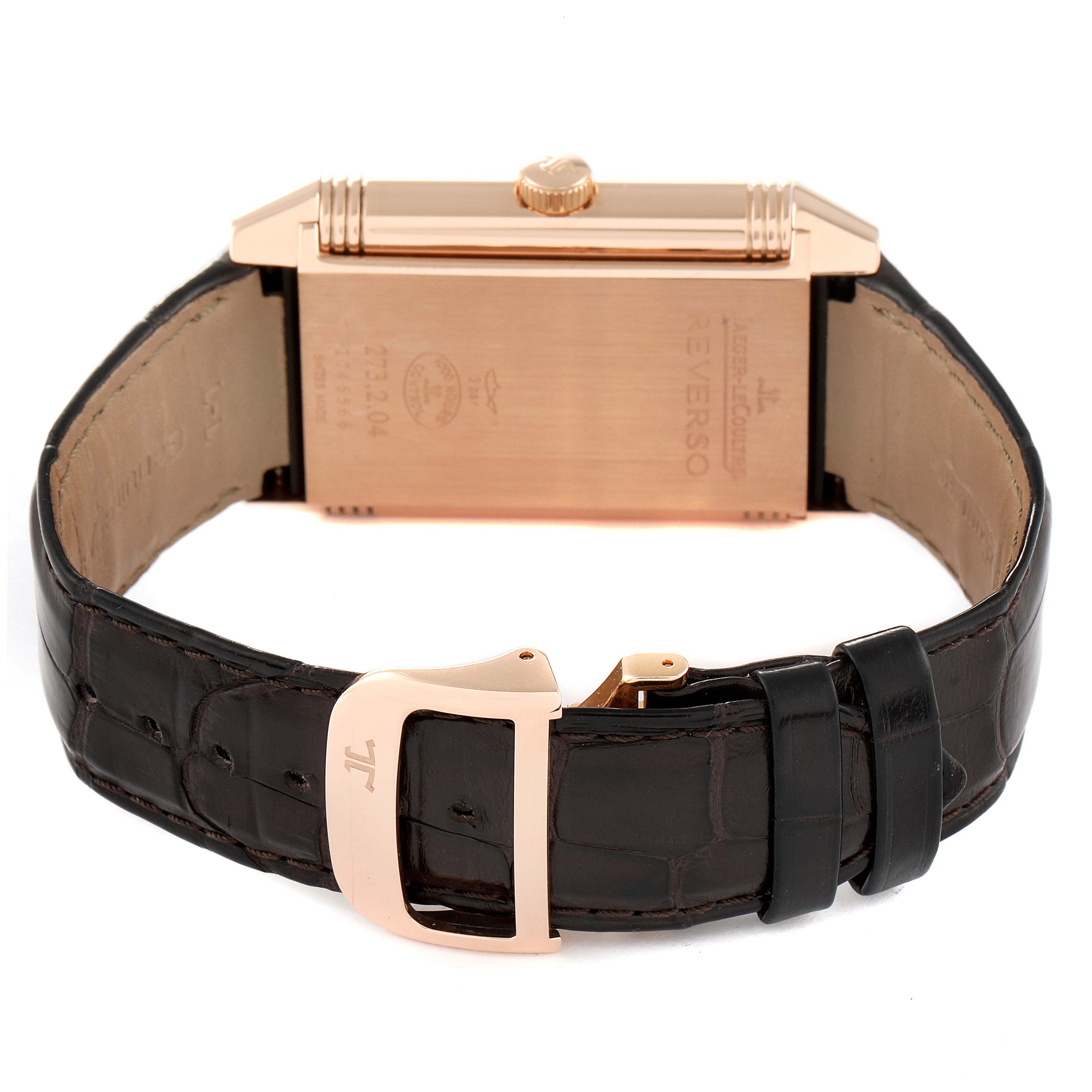 This image shows the back view of a Jaeger LeCoultre Reverso Q3732420 Men
s Rose Gold Silver Dial Q3732420 Men
s Rose Gold Silver Dial watch with a visible strap and buckle.