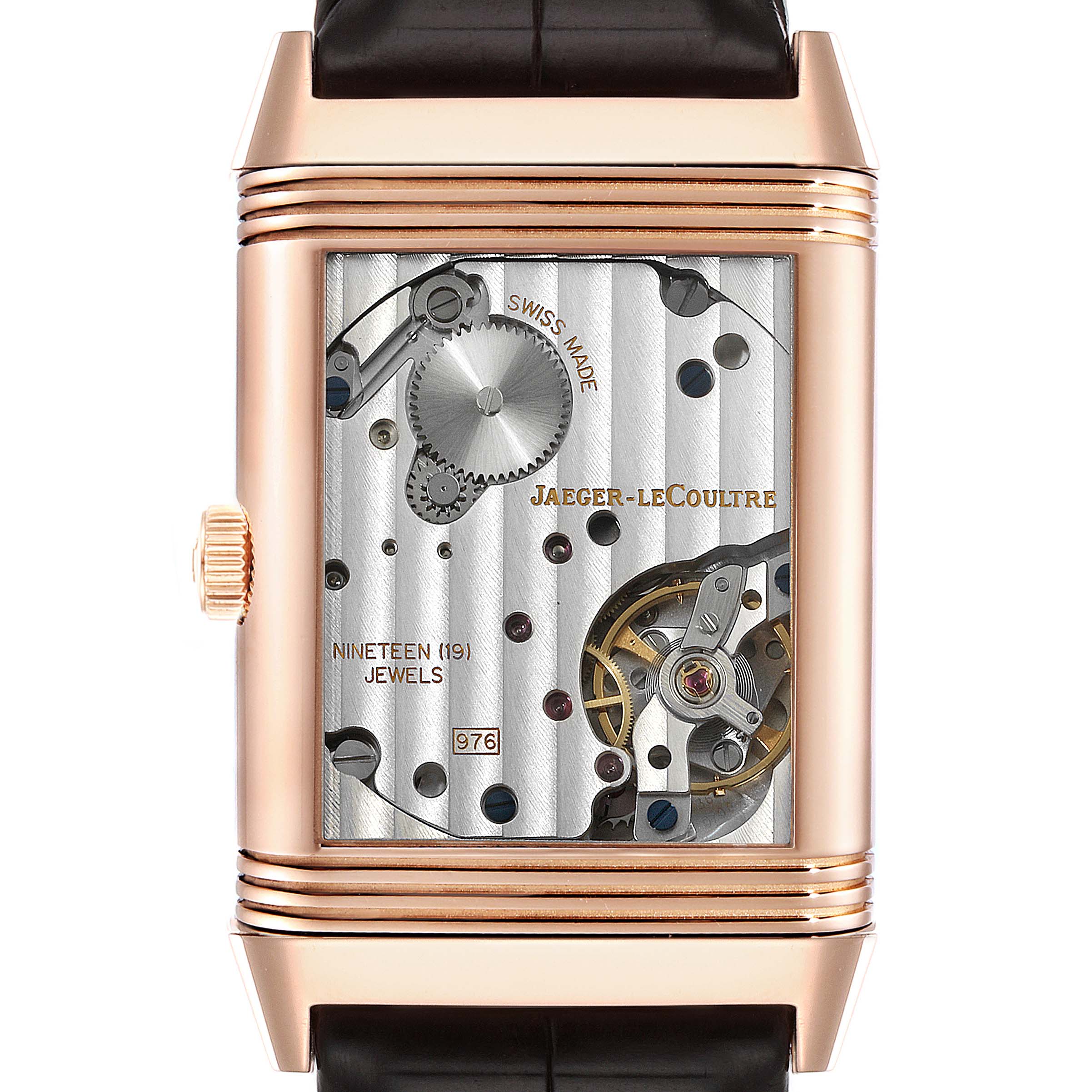 The image shows a close-up of the movement mechanism of a Jaeger LeCoultre Reverso Q3732420 Men
s Rose Gold Silver Dial Q3732420 Men
s Rose Gold Silver Dial watch from the back.