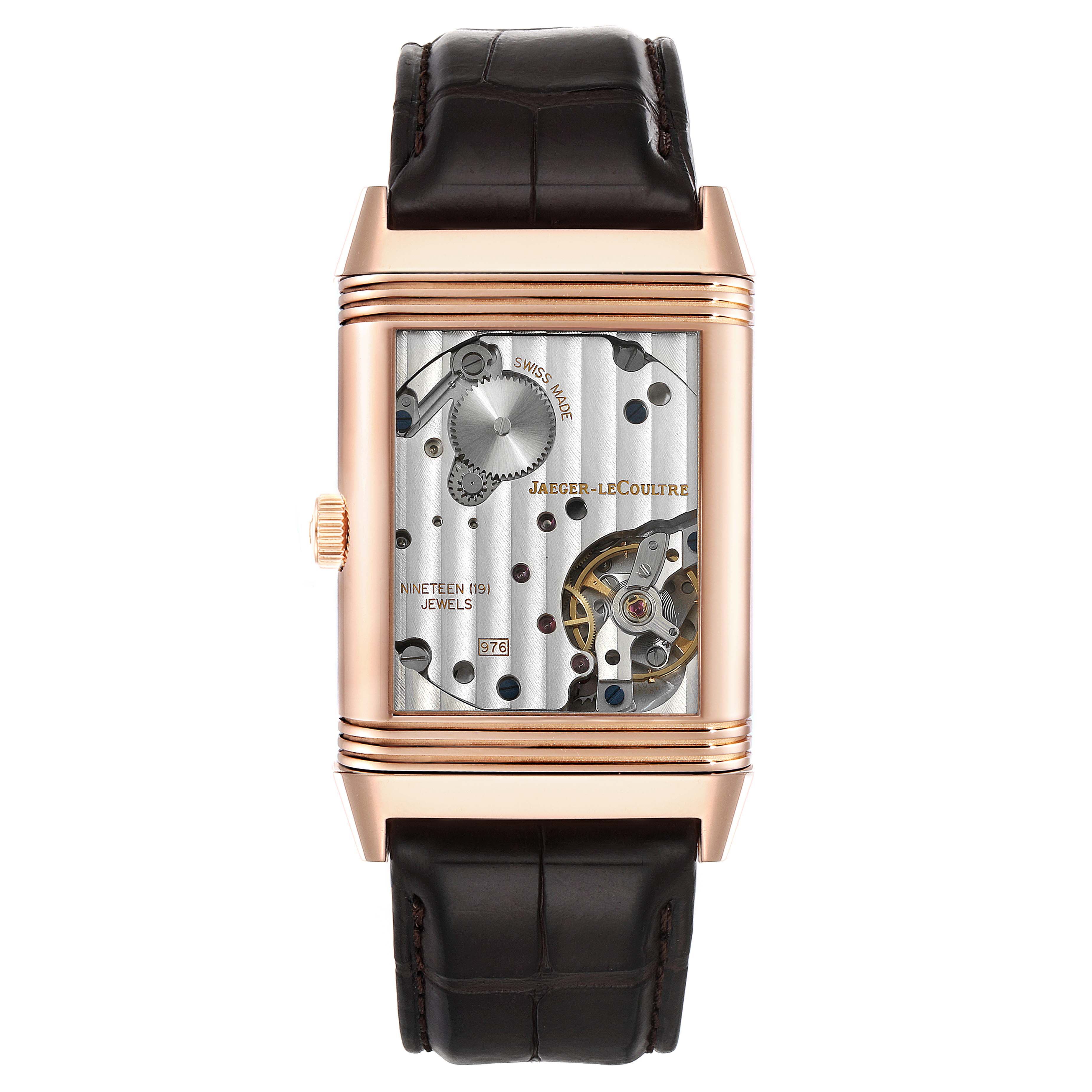 This image shows a front view of the Jaeger-LeCoultre Reverso watch, highlighting its intricate internal mechanism.