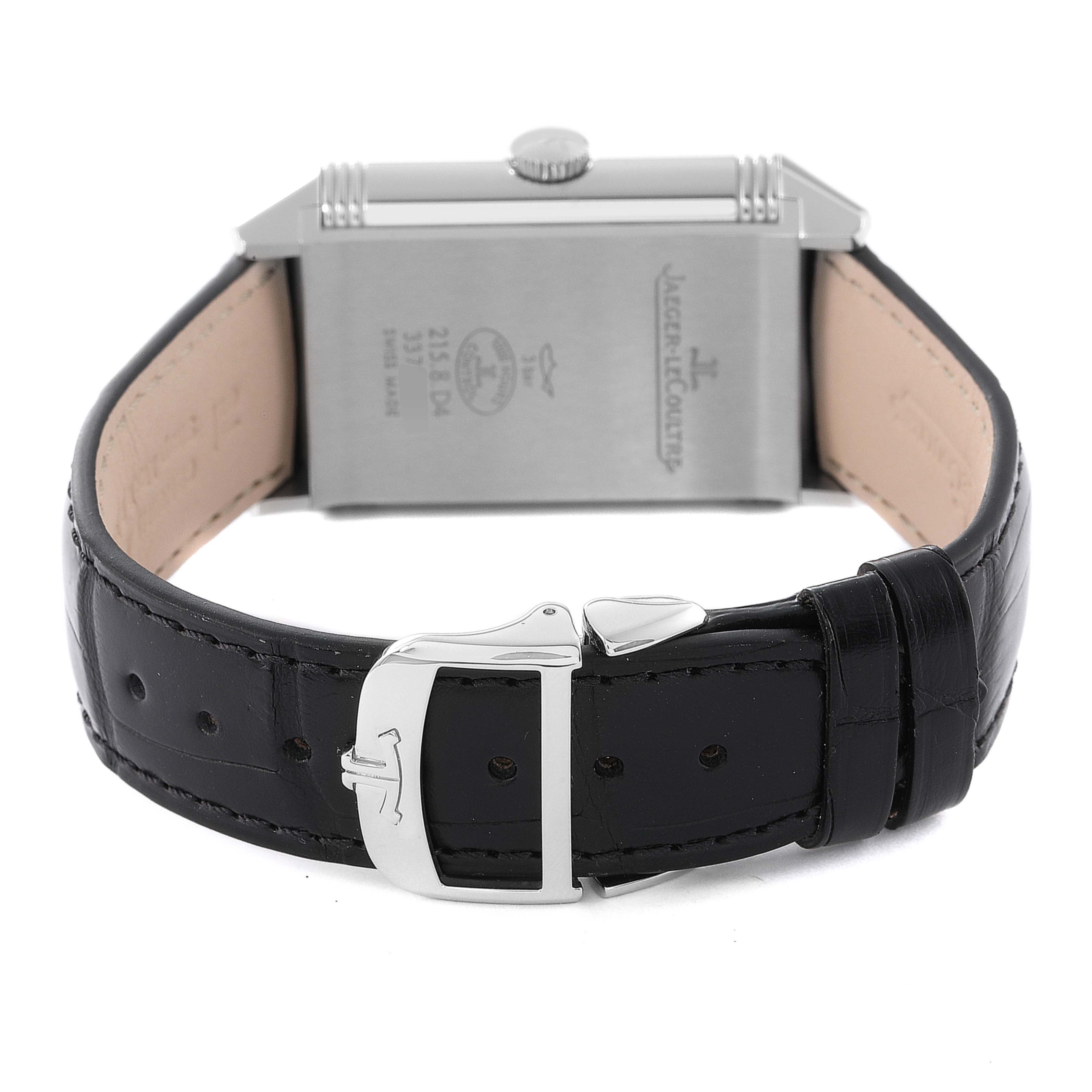 The image shows the back view of a Jaeger LeCoultre Reverso Q3848420 Men's Stainless Steel Silver Dial Q3848420 Men's Stainless Steel Silver Dial watch, displaying its leather strap and clasp.