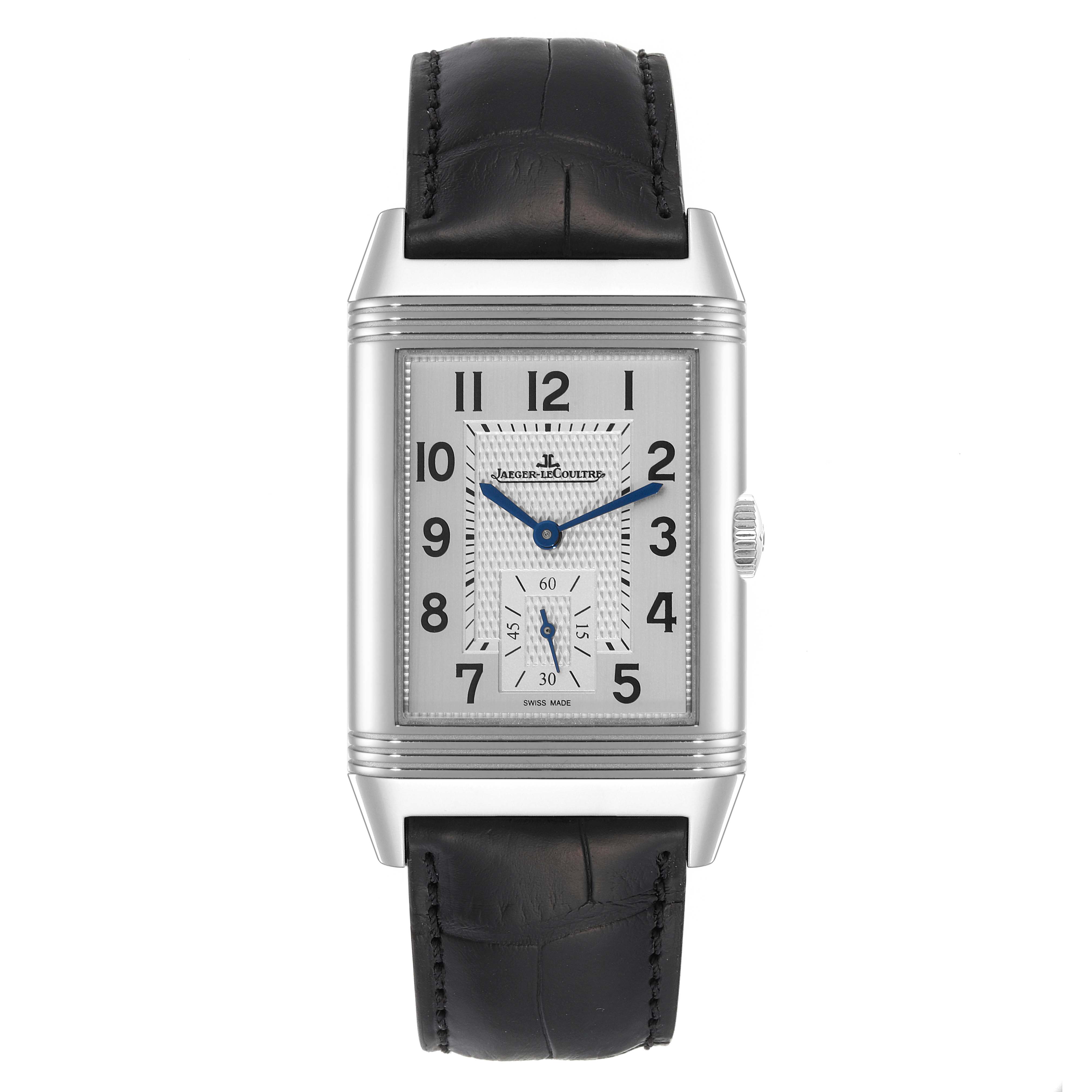This Jaeger LeCoultre Reverso Q3848420 Men's Stainless Steel Silver Dial Q3848420 Men's Stainless Steel Silver Dial model watch is shown from the front, displaying its face, dial, and leather strap.