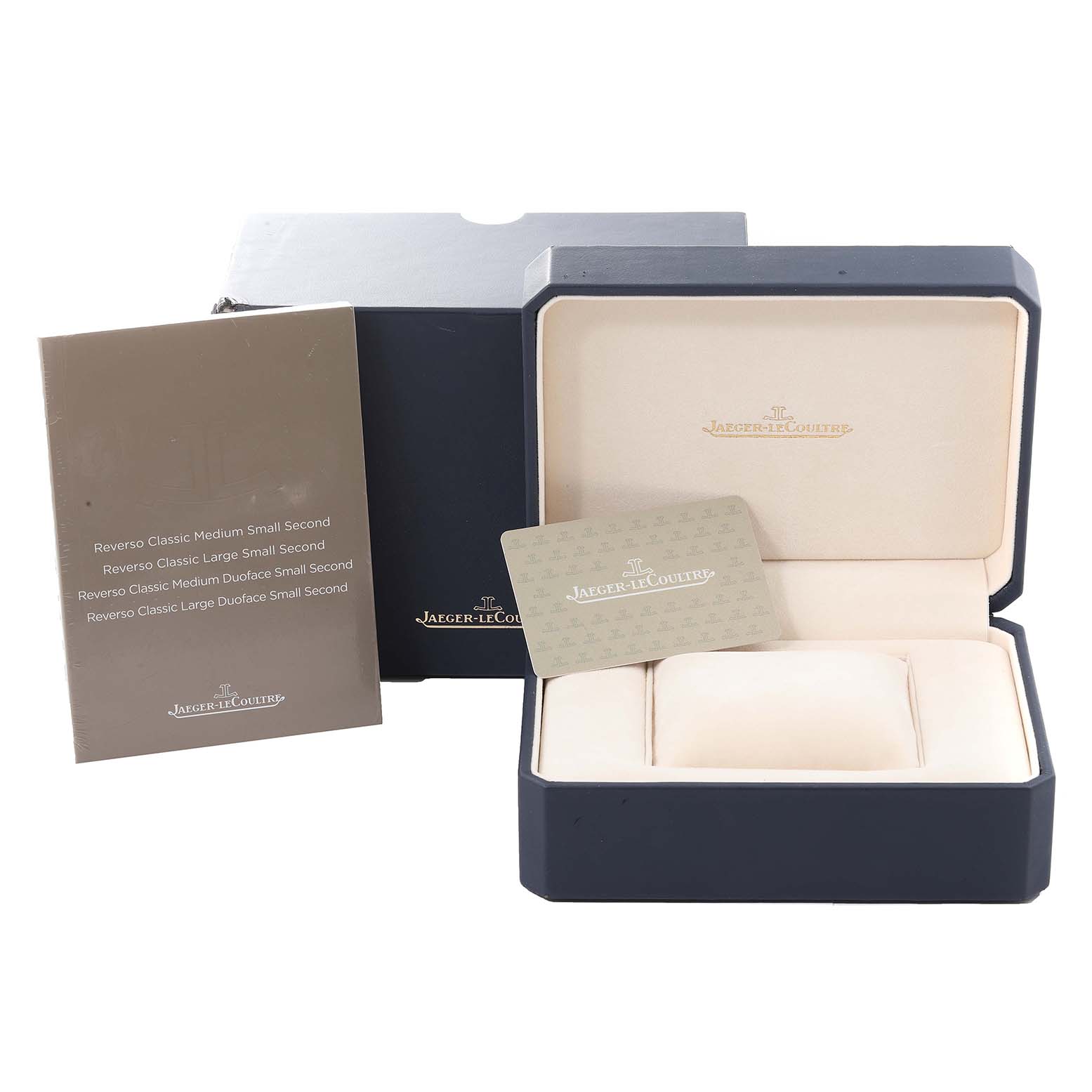 This image shows the packaging, manual, and warranty card for a Jaeger LeCoultre Reverso Q3848420 Men's Stainless Steel Silver Dial Q3848420 Men's Stainless Steel Silver Dial watch.