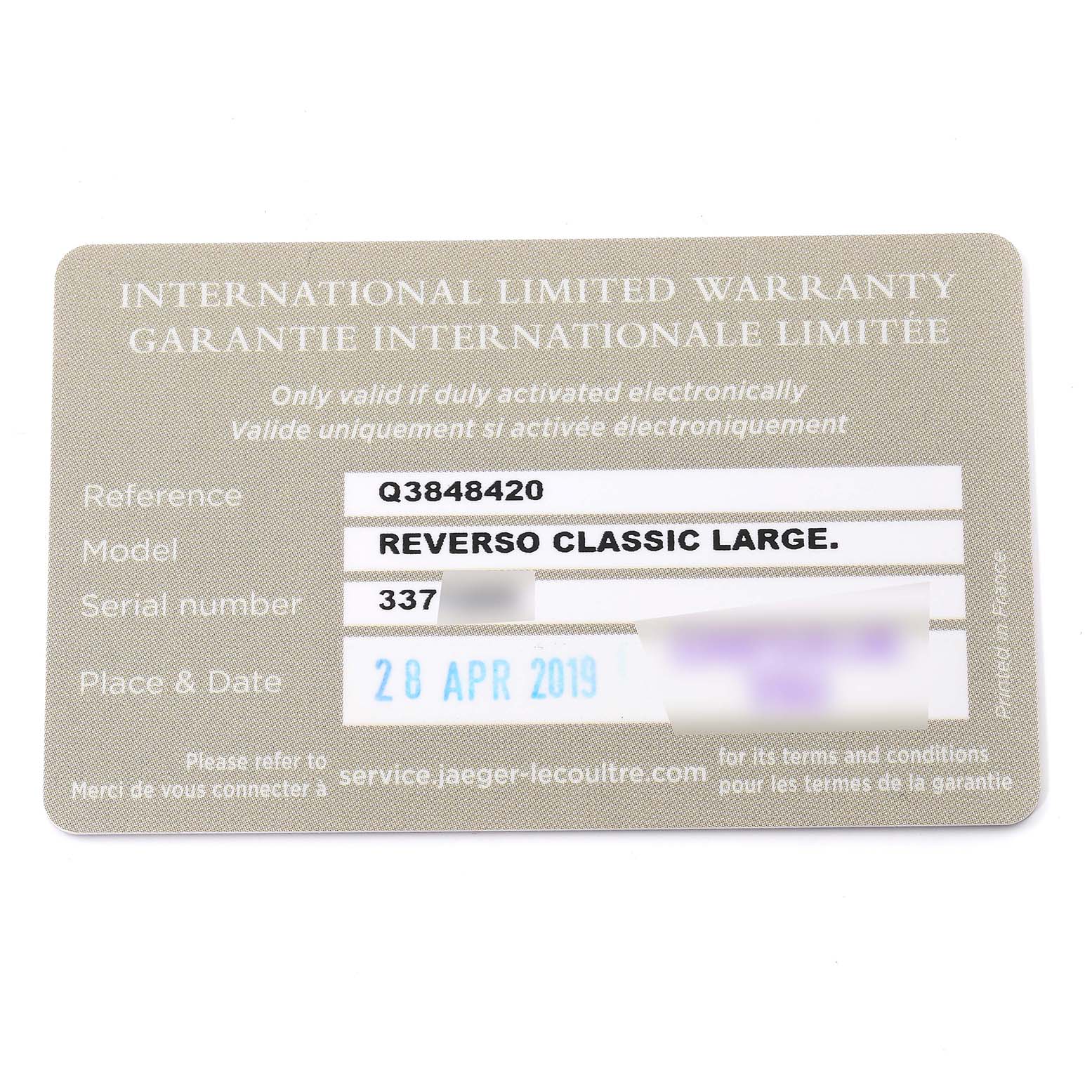 This image shows the International Limited Warranty card for the Jaeger-LeCoultre Reverso Classic Large model.