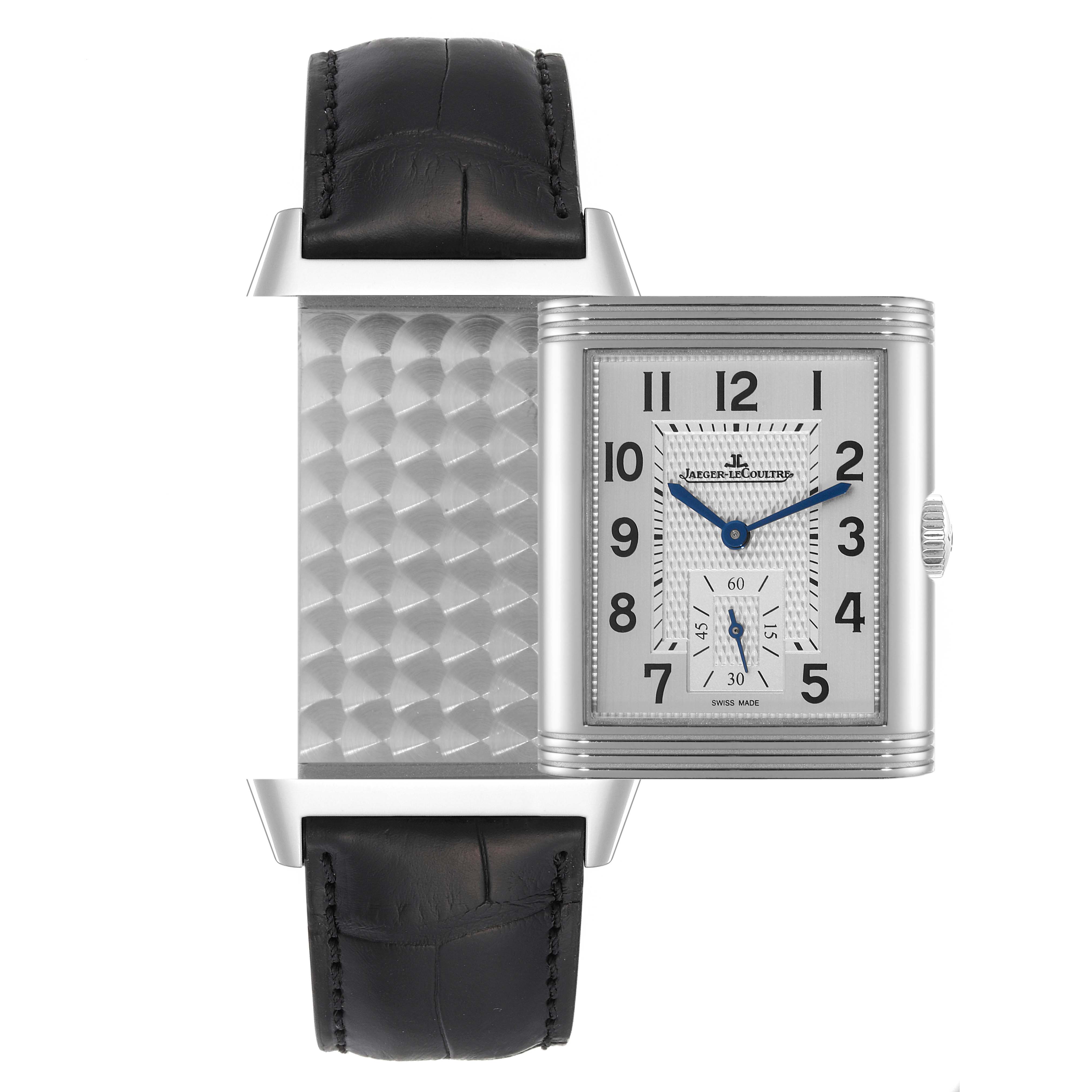 The image shows a Jaeger LeCoultre Reverso Q3848420 Men's Stainless Steel Silver Dial Q3848420 Men's Stainless Steel Silver Dial watch with its case swiveled to display the engraved inner back side.