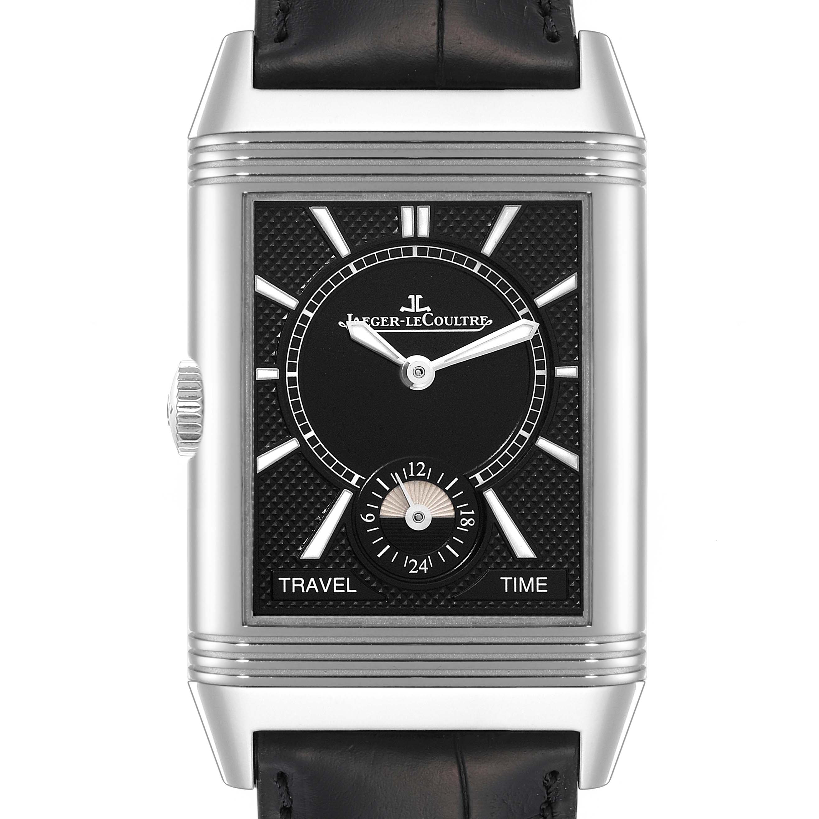 The image shows a front view of the Jaeger LeCoultre Reverso Q3848420 Men's Stainless Steel Silver Dial Q3848420 Men's Stainless Steel Silver Dial watch, displaying the dial, hands, and side crown.