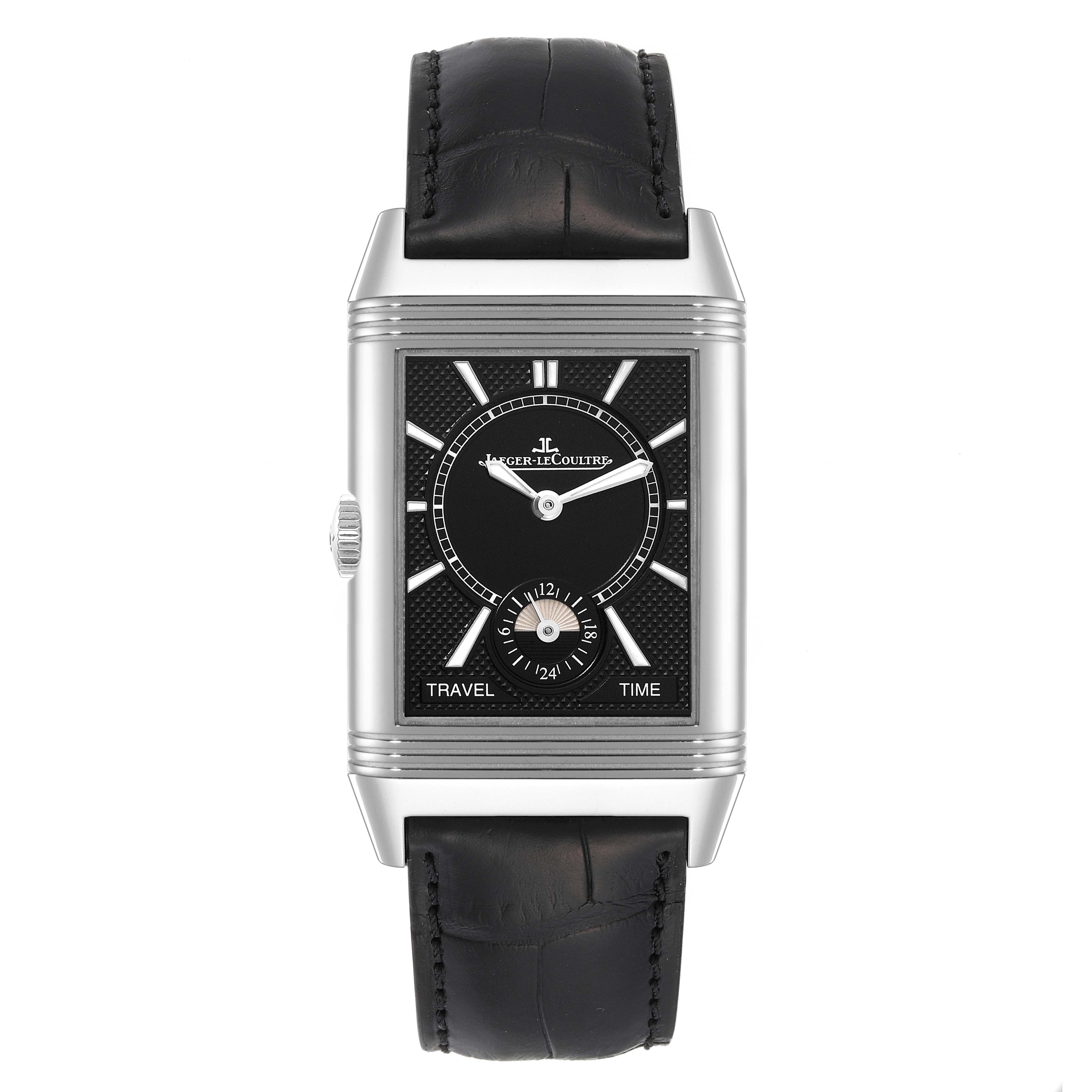 The image shows a front view of the Jaeger-LeCoultre Reverso watch, displaying its black dial, travel time indicator, and leather strap.